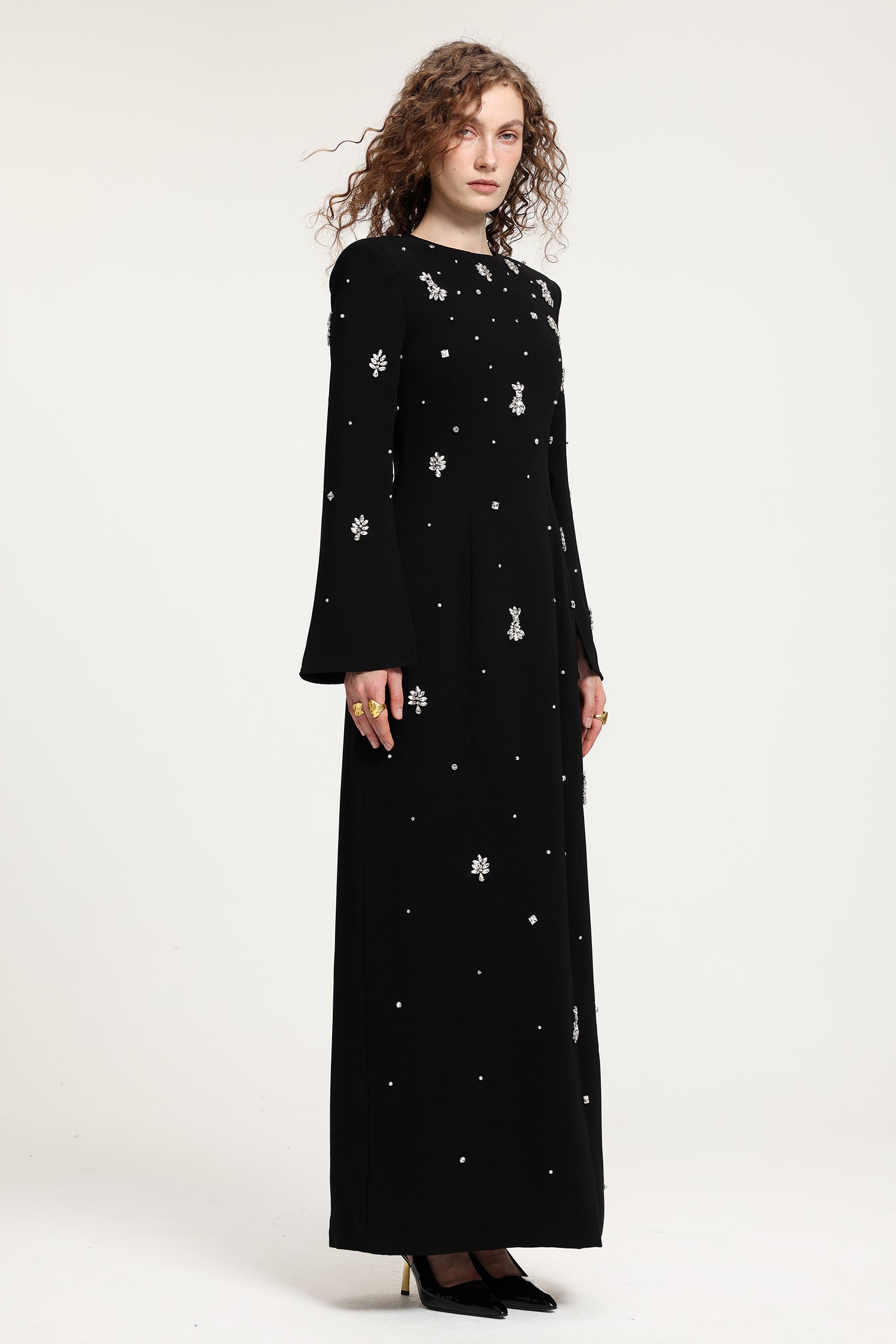 Black Rhinestone-Embellished Long-Sleeve Floor-Length Gown	