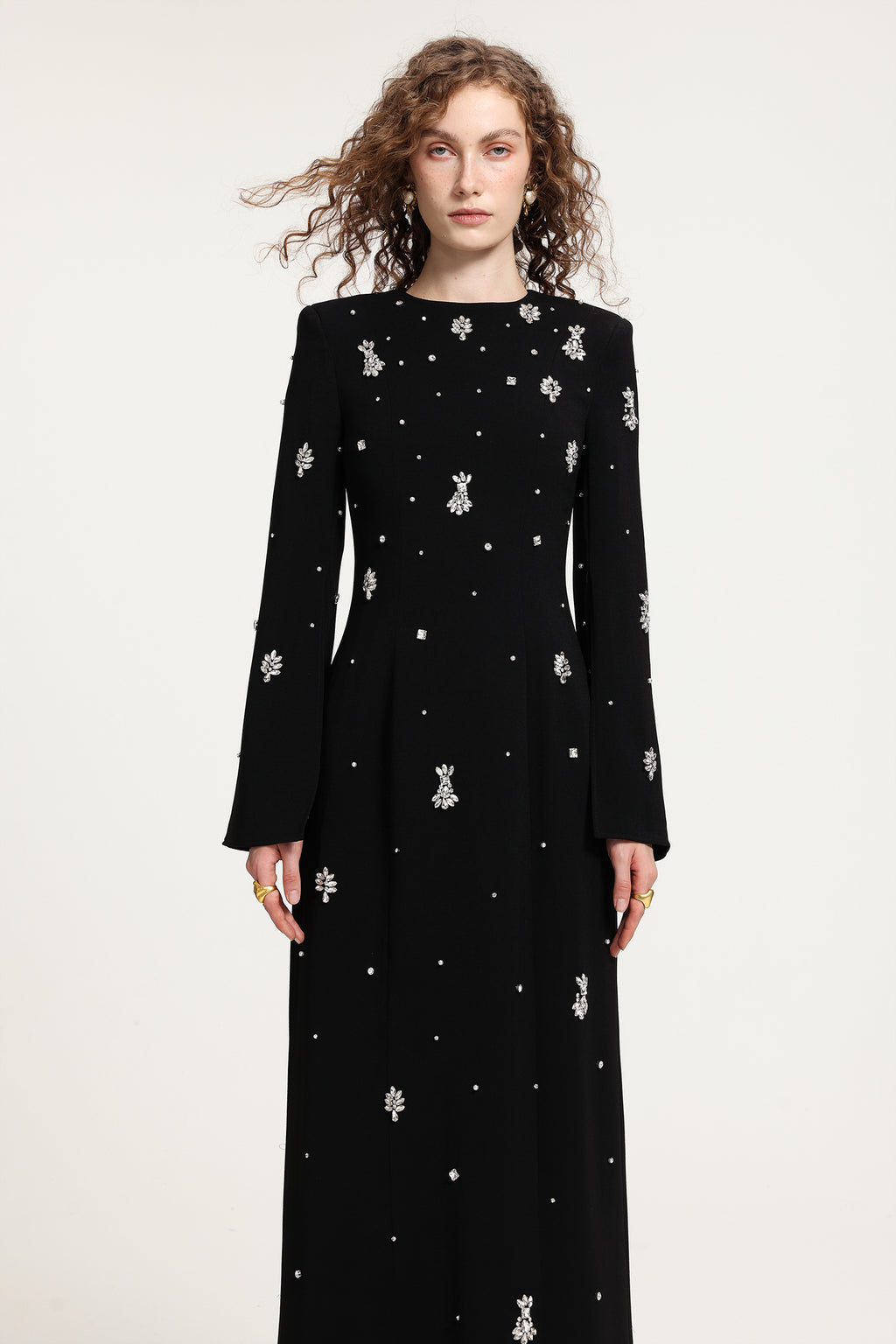 Black Rhinestone-Embellished Long-Sleeve Floor-Length Gown	