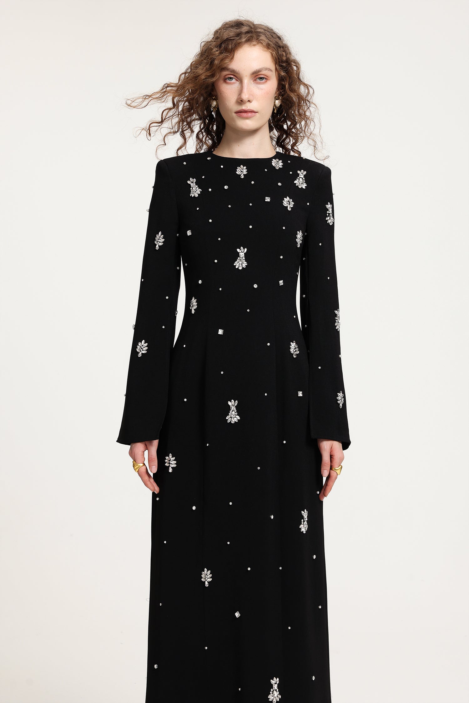 Black Rhinestone-Embellished Long-Sleeve Floor-Length Gown	