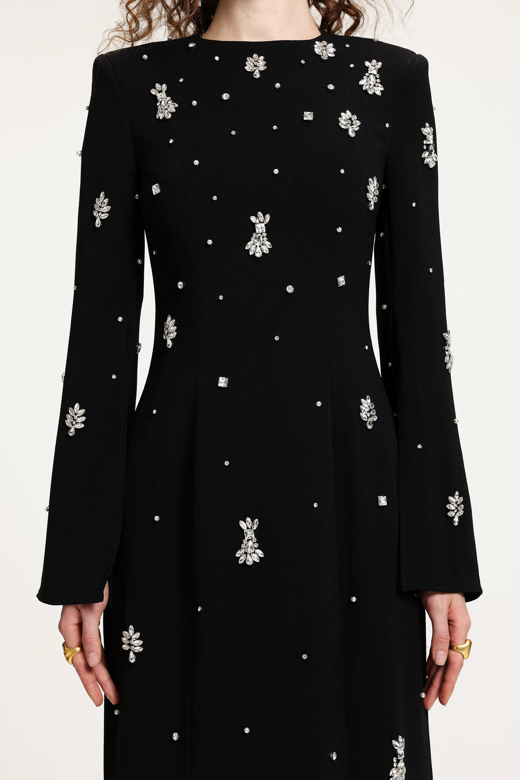 Black Rhinestone-Embellished Long-Sleeve Floor-Length Gown	