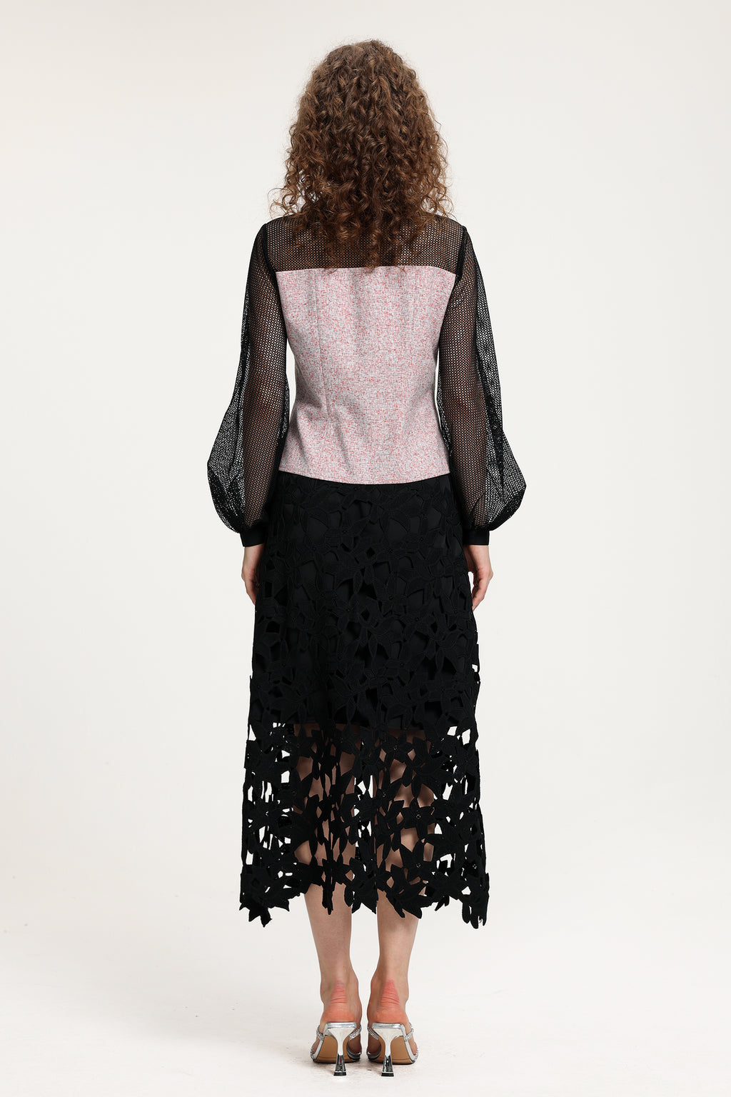 Black Sheer Mesh & Pink Fringe-Textured Top With Balloon Sleeves	
