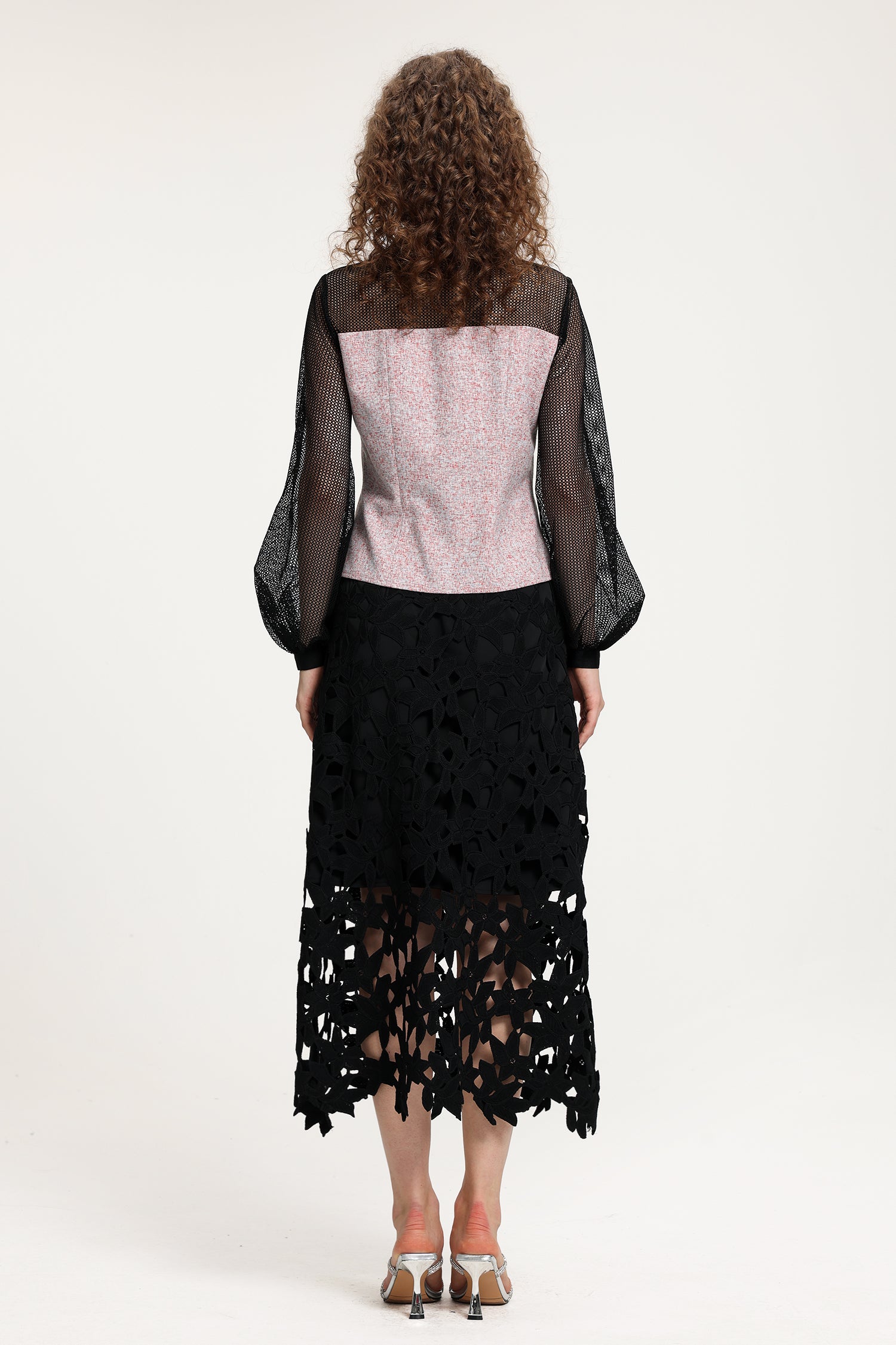 Black Sheer Mesh & Pink Fringe-Textured Top With Balloon Sleeves	