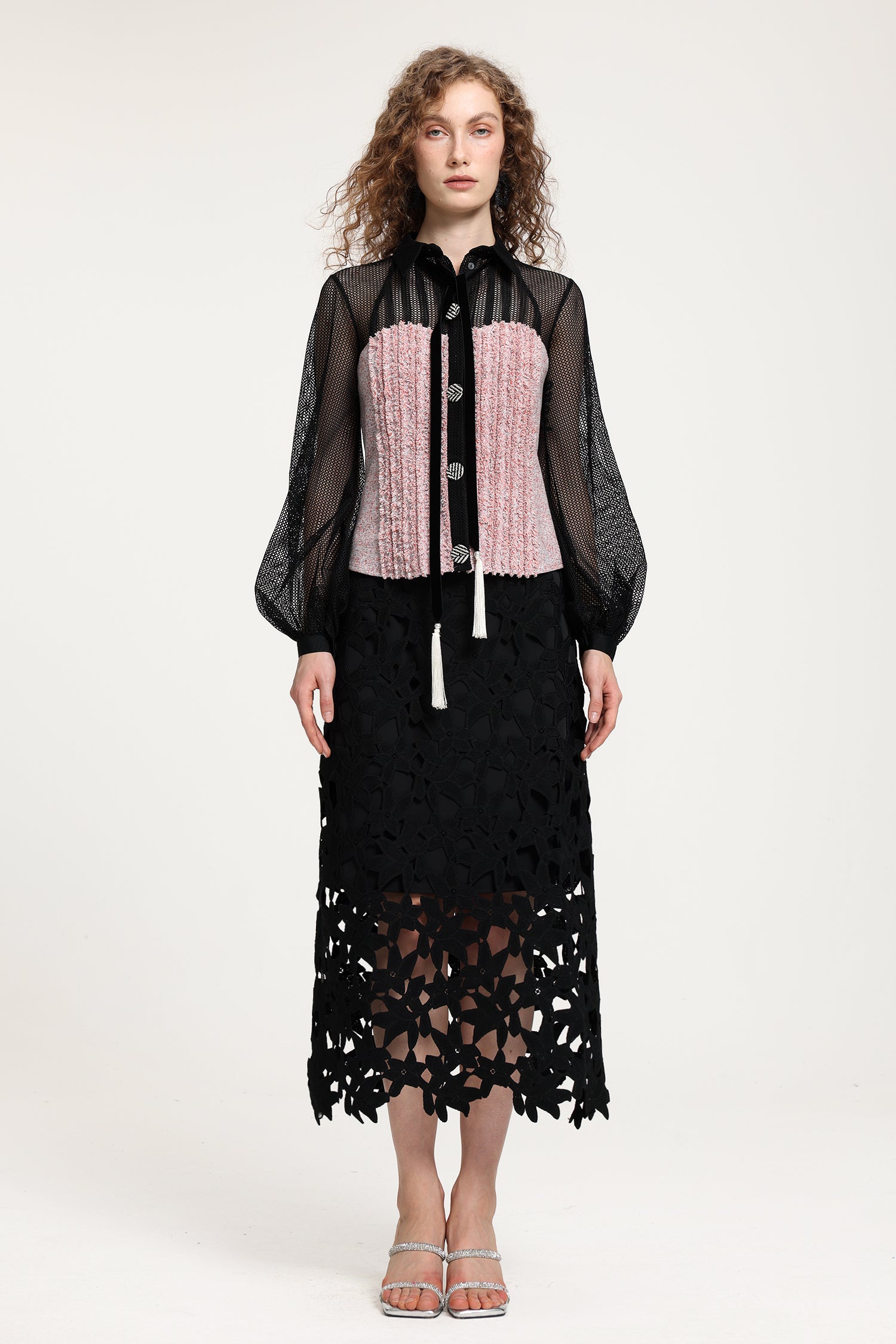 Black Sheer Mesh & Pink Fringe-Textured Top With Balloon Sleeves	