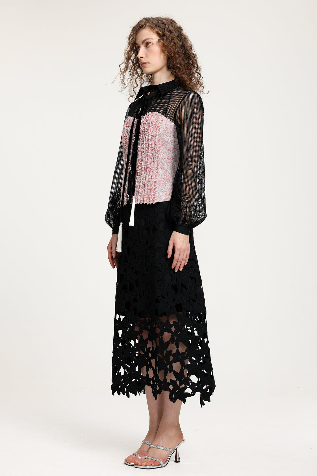 Black Sheer Mesh & Pink Fringe-Textured Top With Balloon Sleeves	