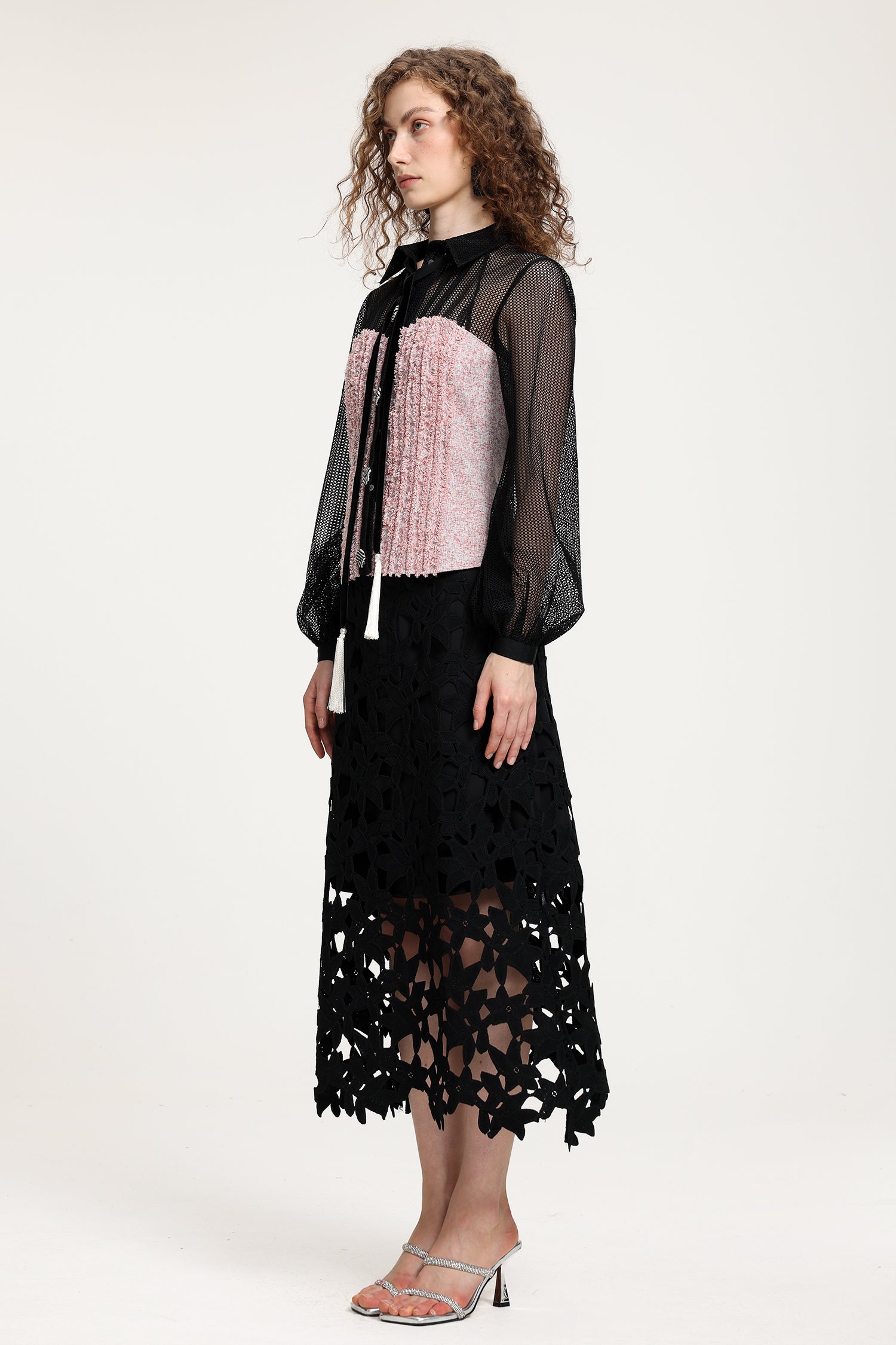 Black Sheer Mesh & Pink Fringe-Textured Top With Balloon Sleeves	