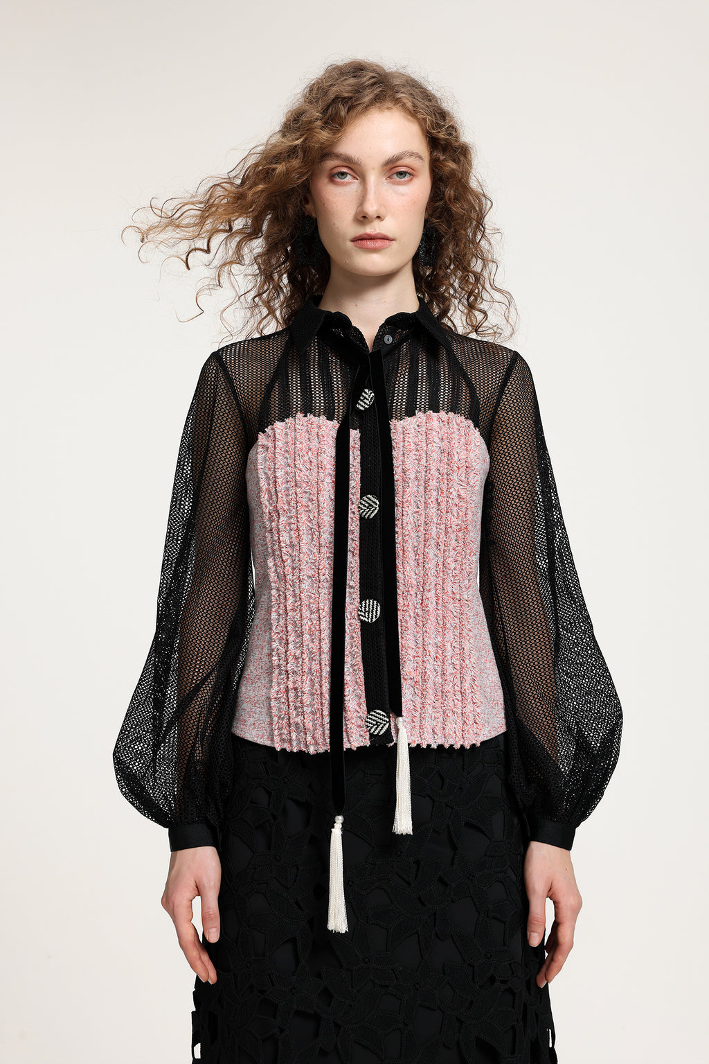 Black Sheer Mesh & Pink Fringe-Textured Top With Balloon Sleeves	