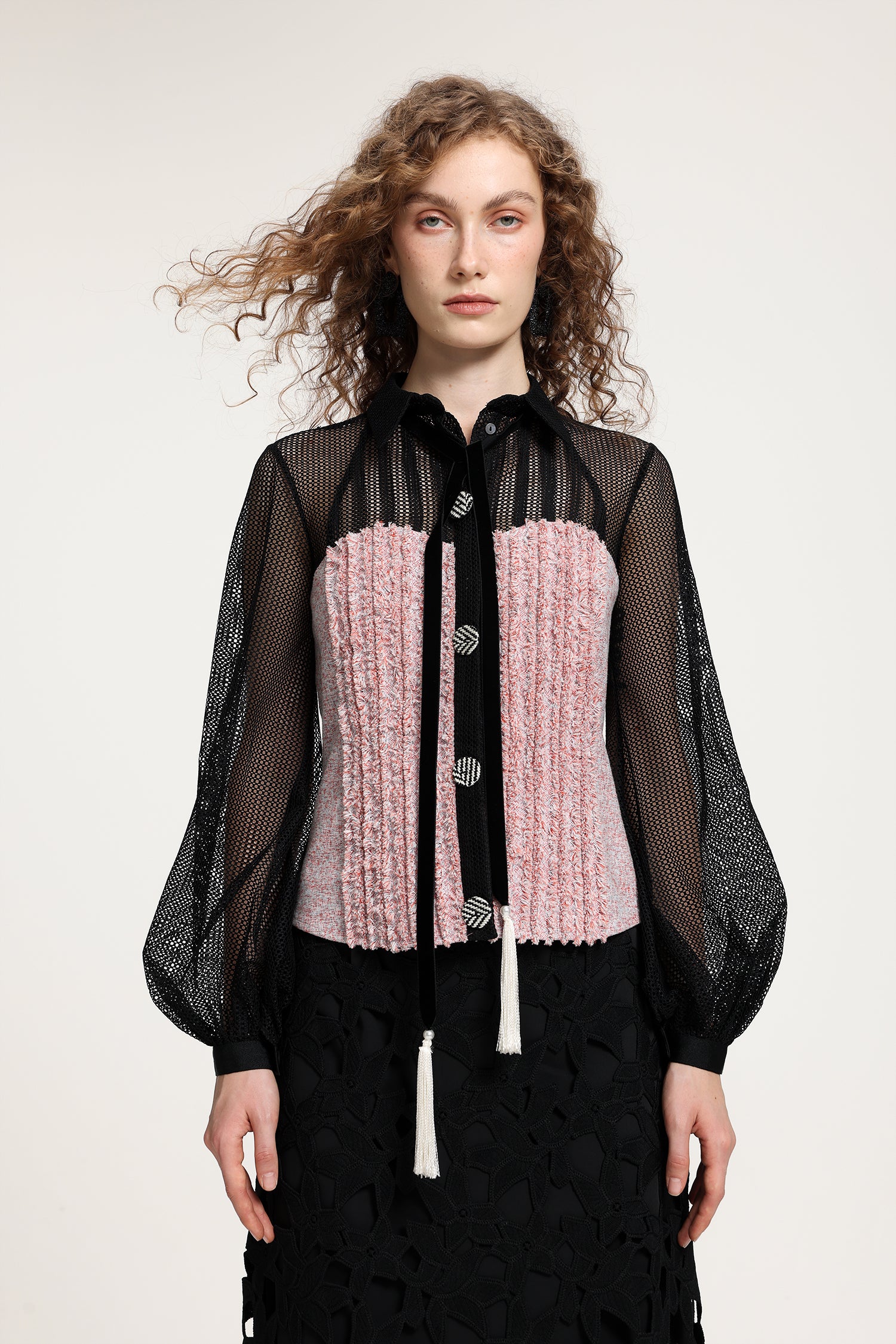 Black Sheer Mesh & Pink Fringe-Textured Top With Balloon Sleeves	
