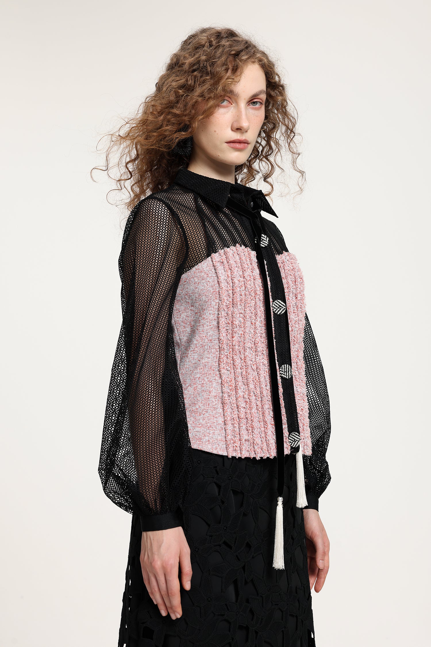 Black Sheer Mesh & Pink Fringe-Textured Top With Balloon Sleeves	