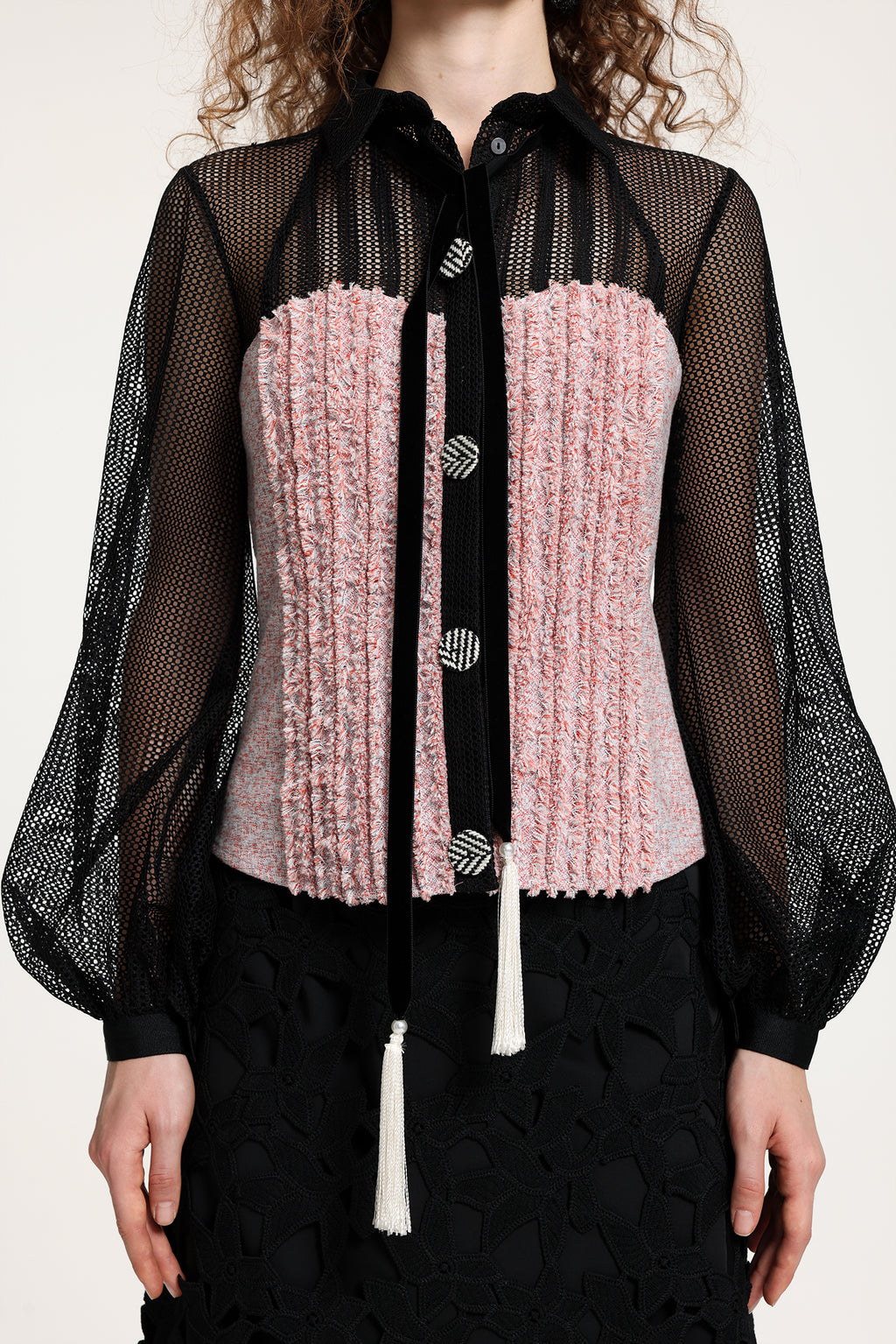 Black Sheer Mesh & Pink Fringe-Textured Top With Balloon Sleeves	