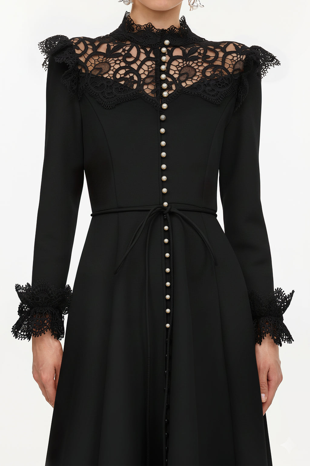 Eudora Romantic Flowy Long Sleeve Lace Woven Black Maxi Dress