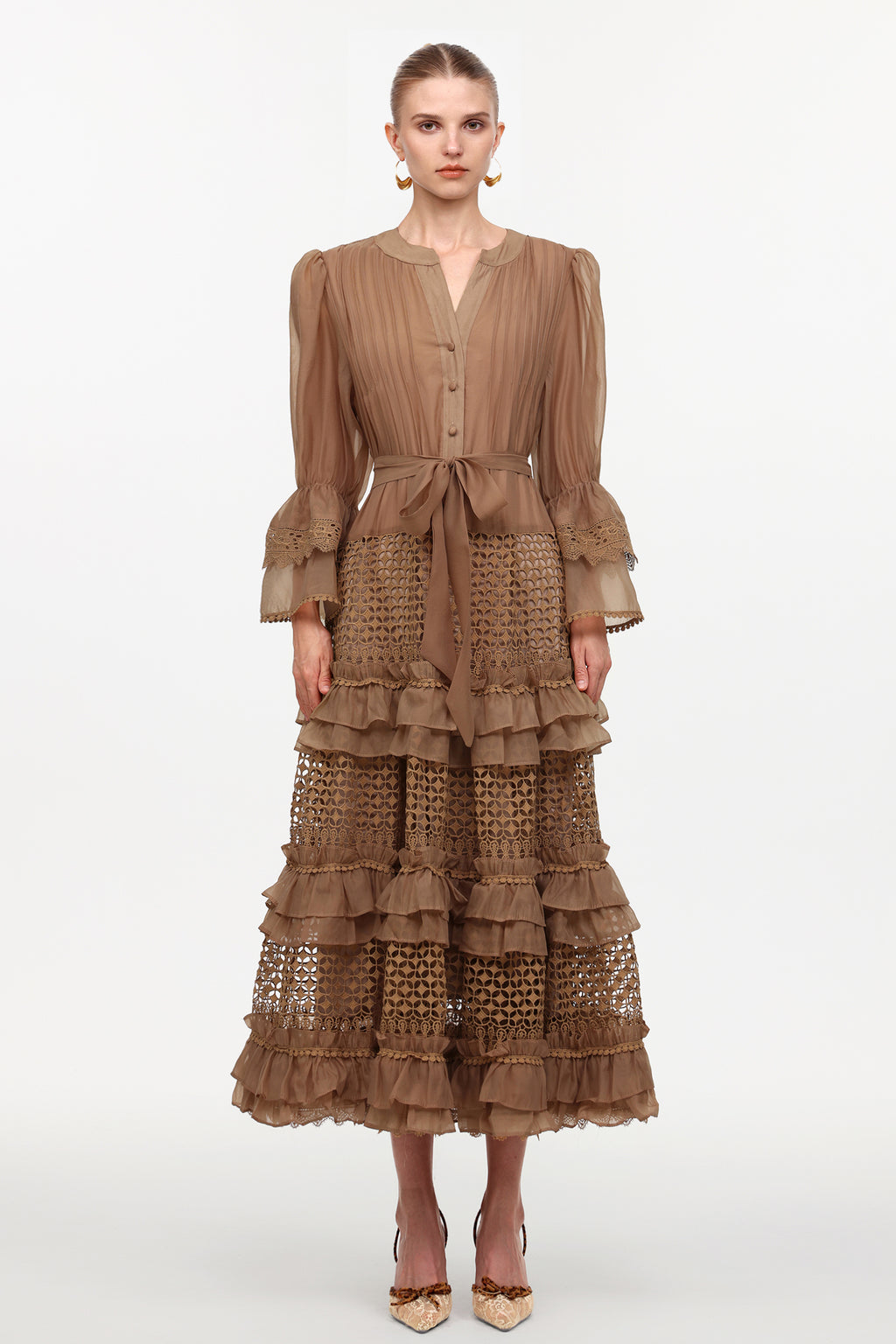 Hakula Resort Flowy Long Sleeve Falbala Lace Woven Maxi Dress