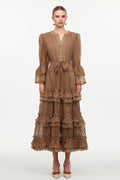 Hakula Resort Flowy Long Sleeve Falbala Lace Woven Maxi Dress