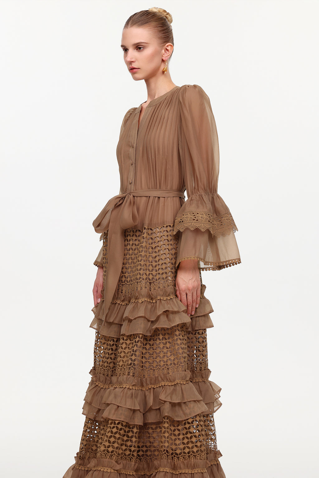 Hakula Resort Flowy Long Sleeve Falbala Lace Woven Maxi Dress