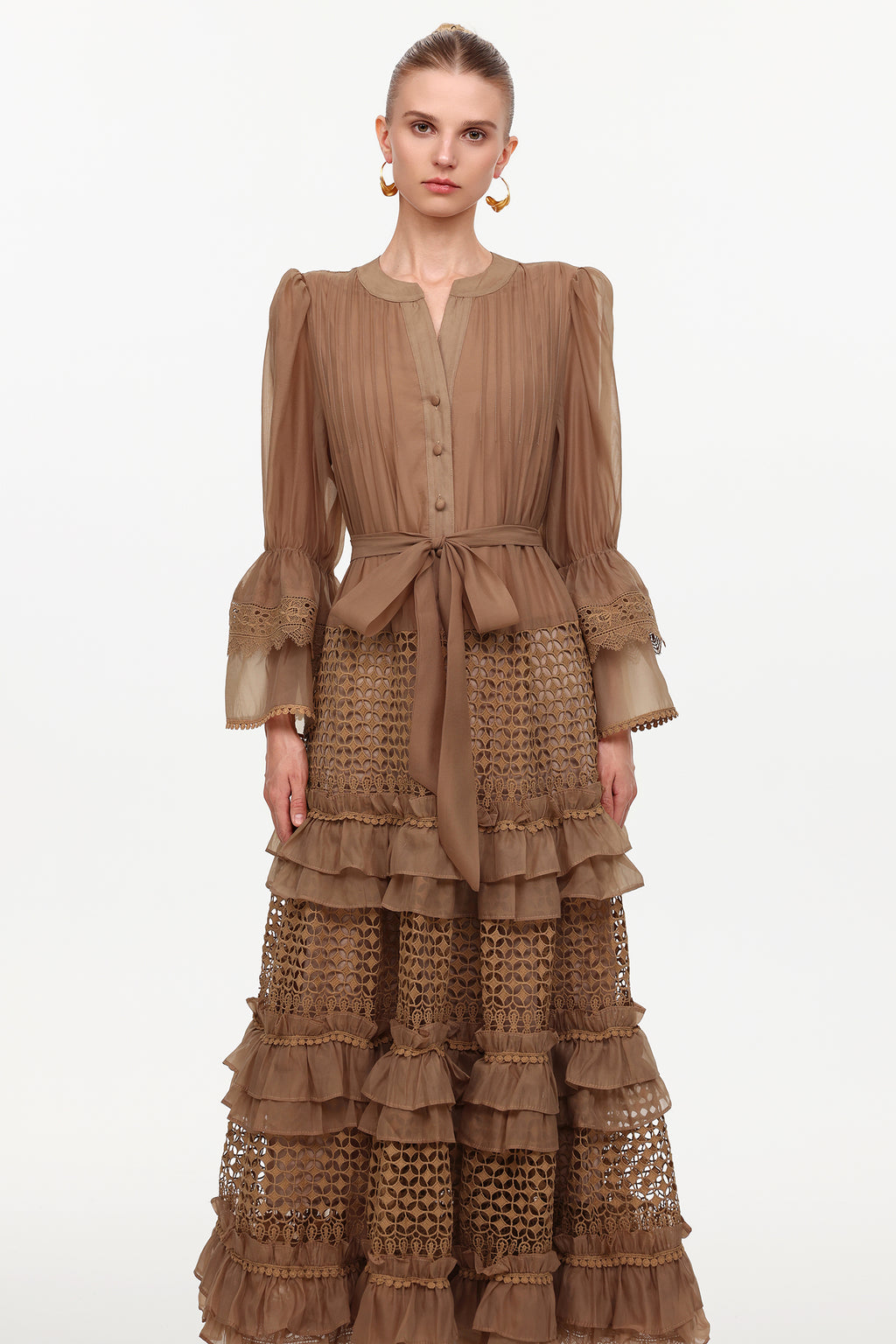 Hakula Resort Flowy Long Sleeve Falbala Lace Woven Maxi Dress