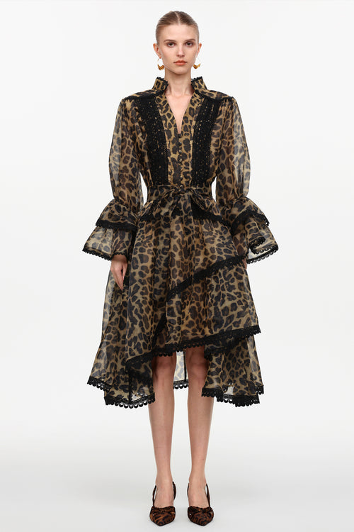 Uhren Resort Flowy V-Neck Long Sleeve Falbala Lace Woven Leopard Print Mini Dress	