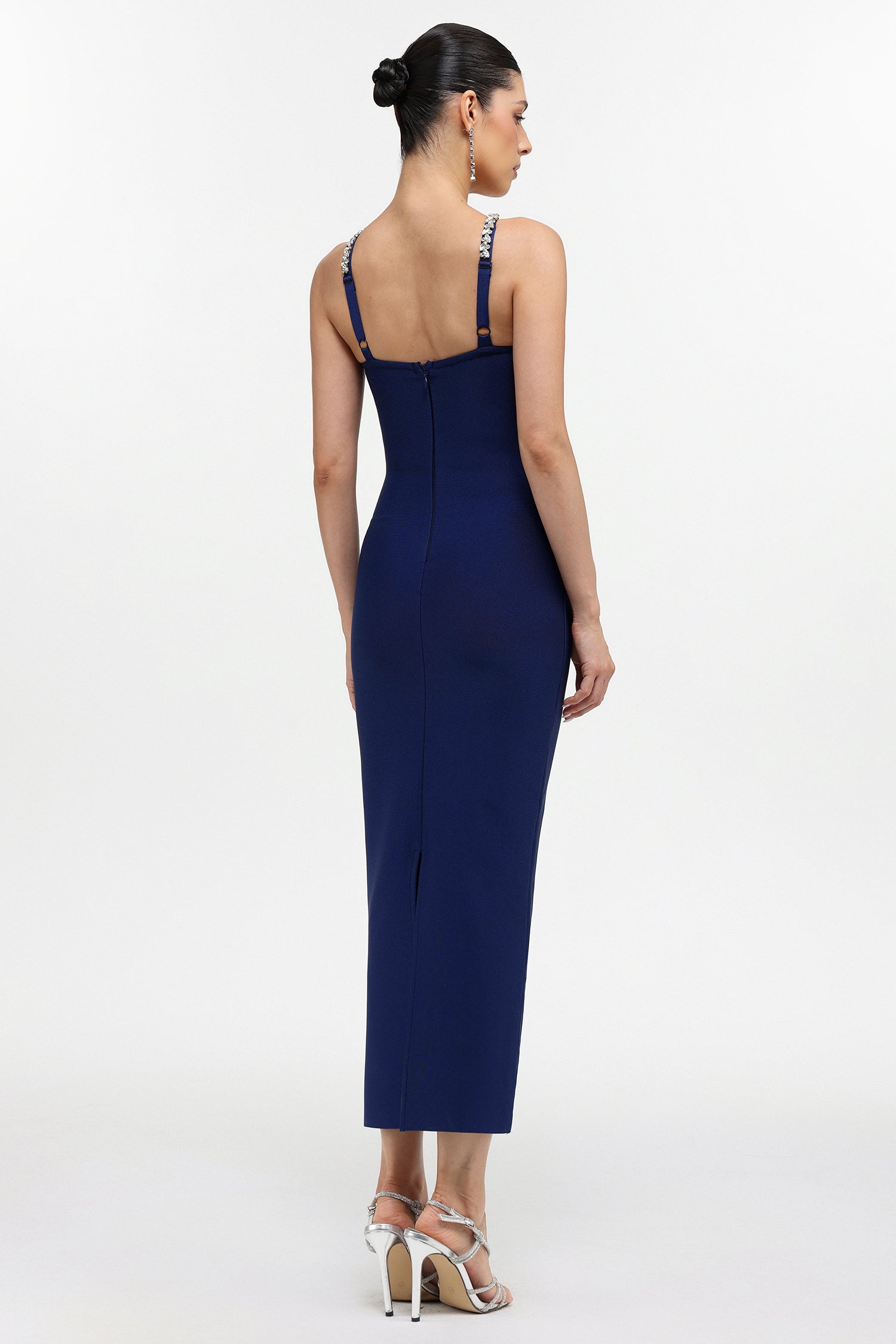 Kailani Classic Contour Halter Rhinestone Blue Bandage Maxi Dress	