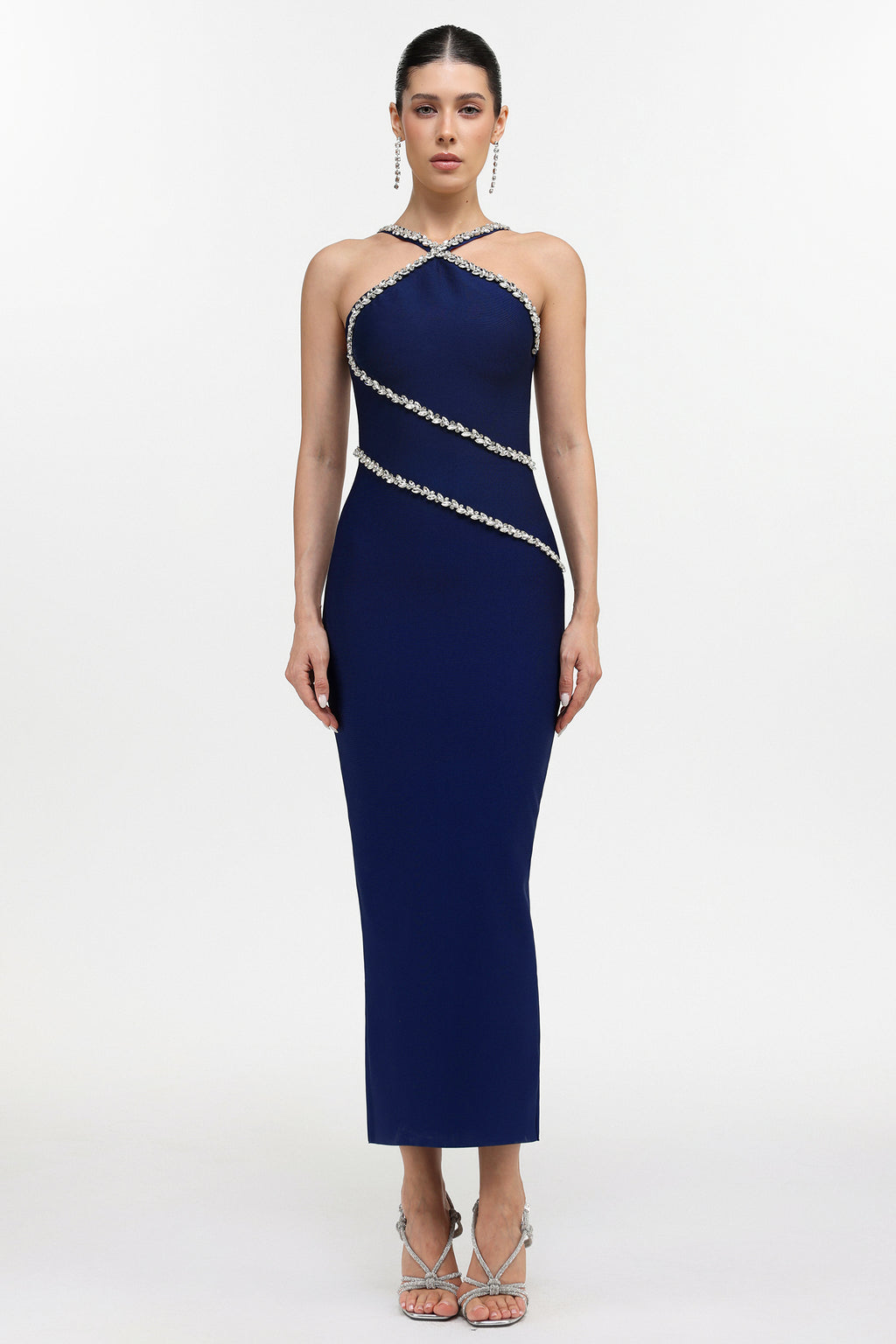 Kailani Classic Contour Halter Rhinestone Blue Bandage Maxi Dress	