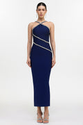 Kailani Classic Contour Halter Rhinestone Blue Bandage Maxi Dress	