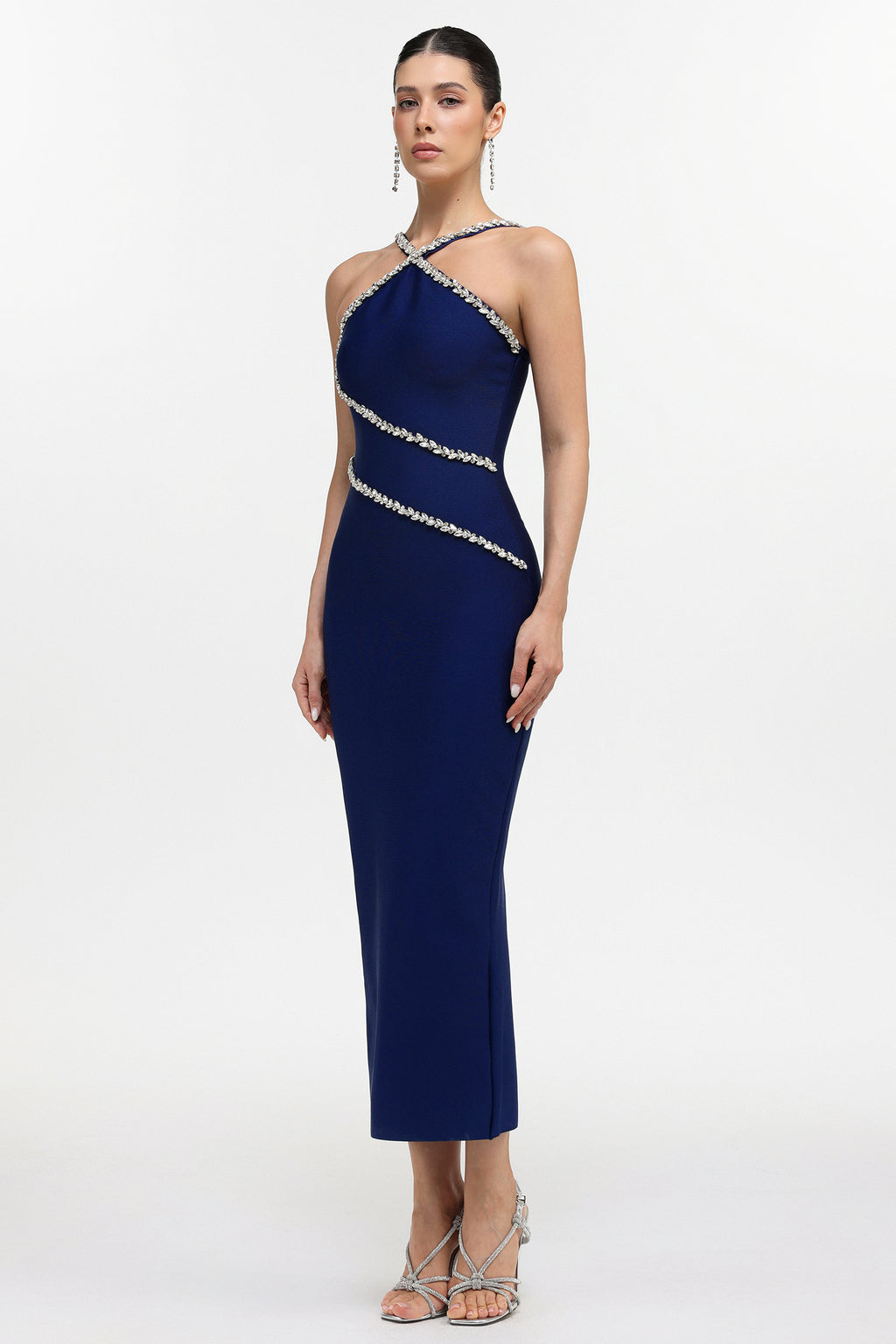 Kailani Classic Contour Halter Rhinestone Blue Bandage Maxi Dress	