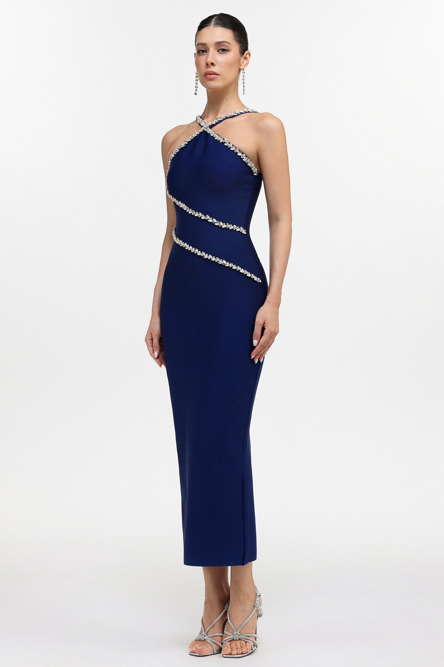 Kailani Classic Contour Halter Rhinestone Blue Bandage Maxi Dress	