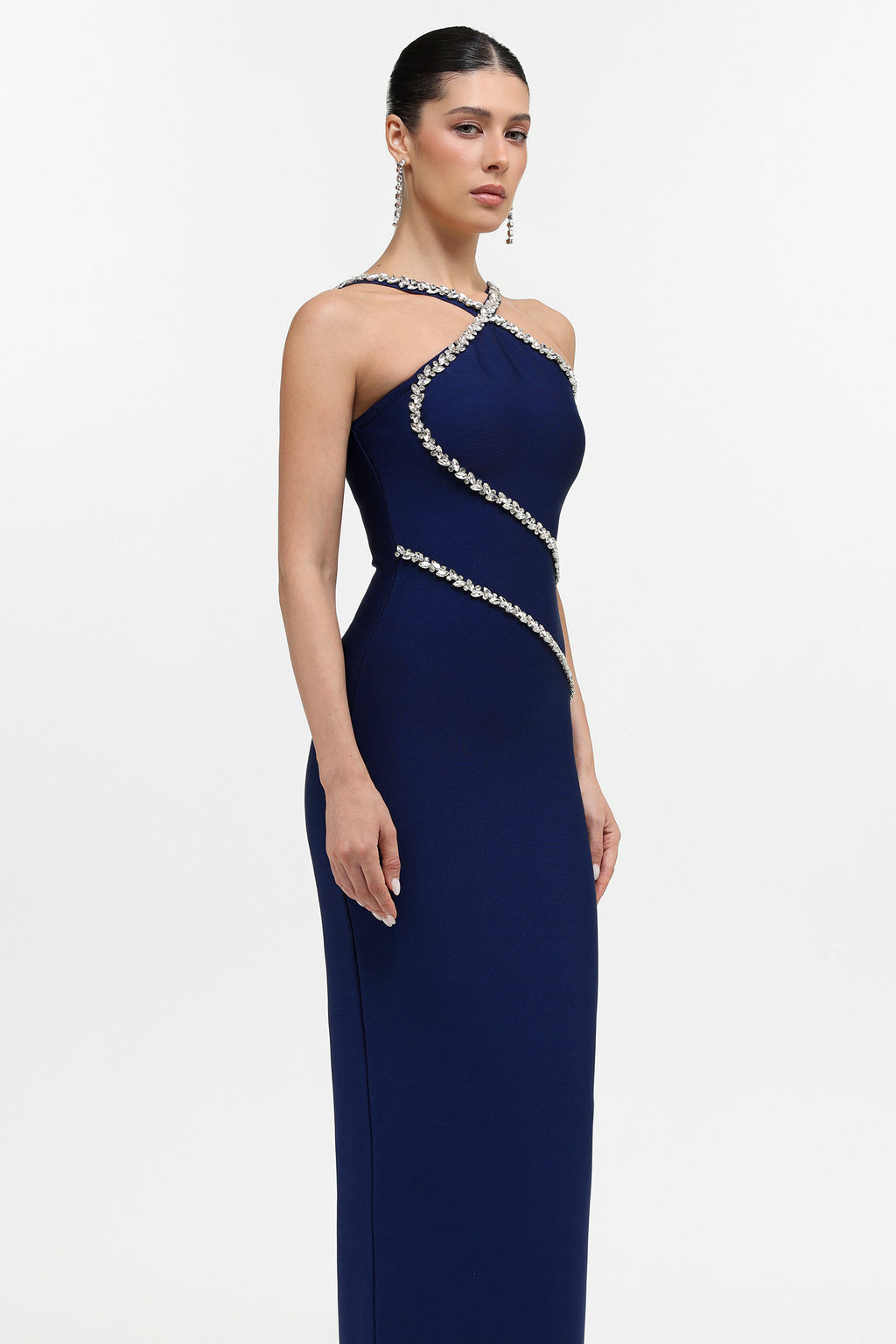 Kailani Classic Contour Halter Rhinestone Blue Bandage Maxi Dress	