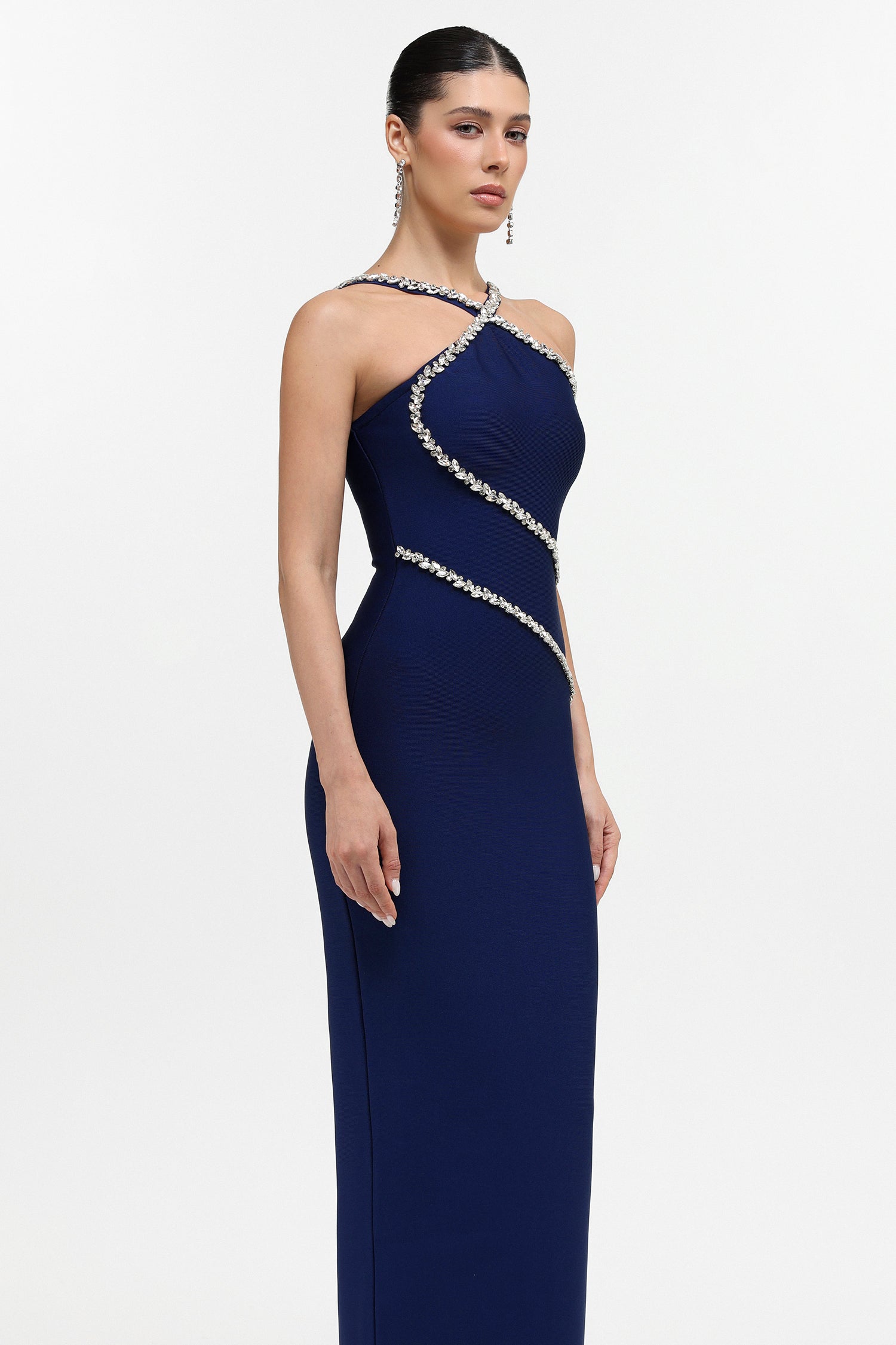 Kailani Classic Contour Halter Rhinestone Blue Bandage Maxi Dress	