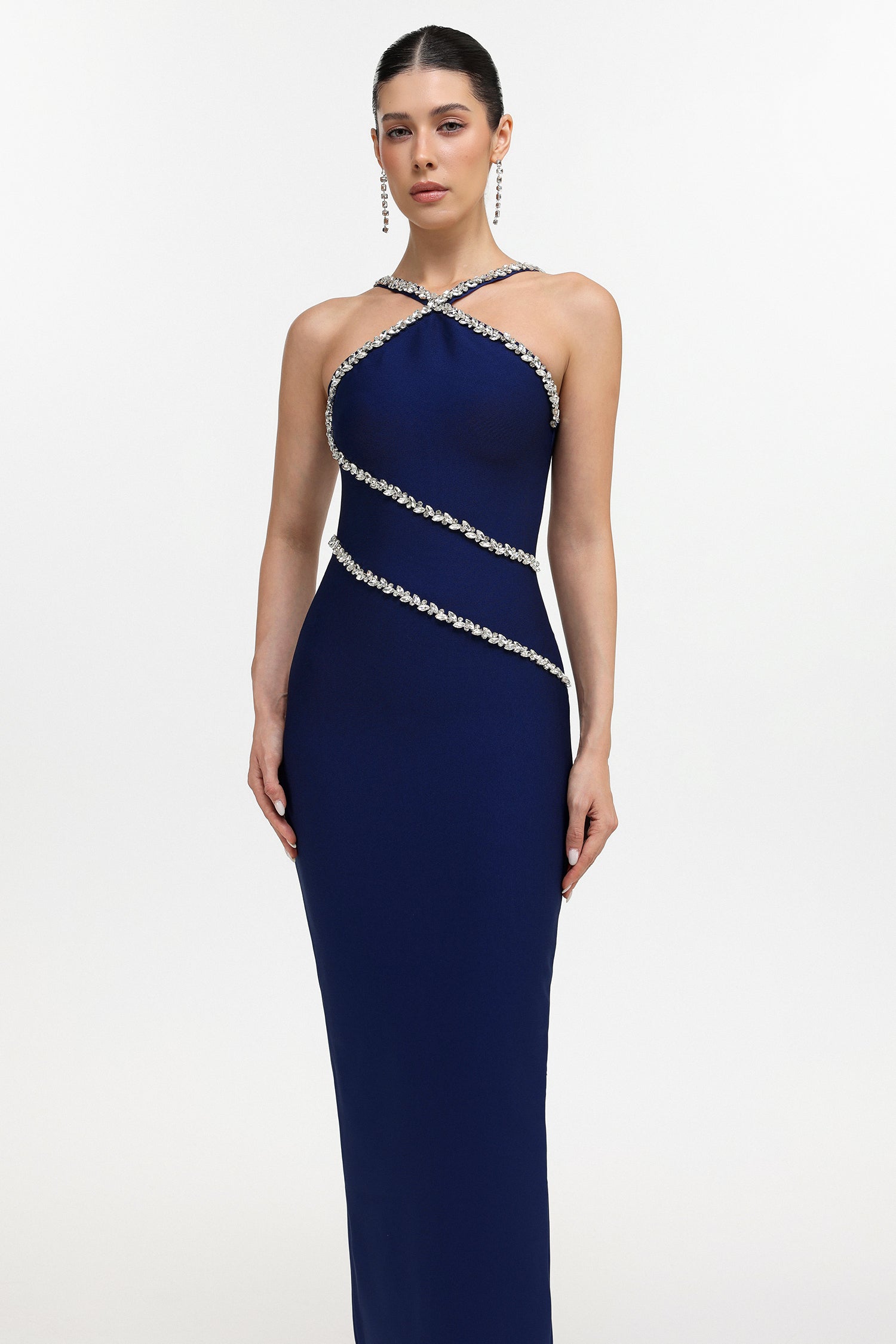 Kailani Classic Contour Halter Rhinestone Blue Bandage Maxi Dress	