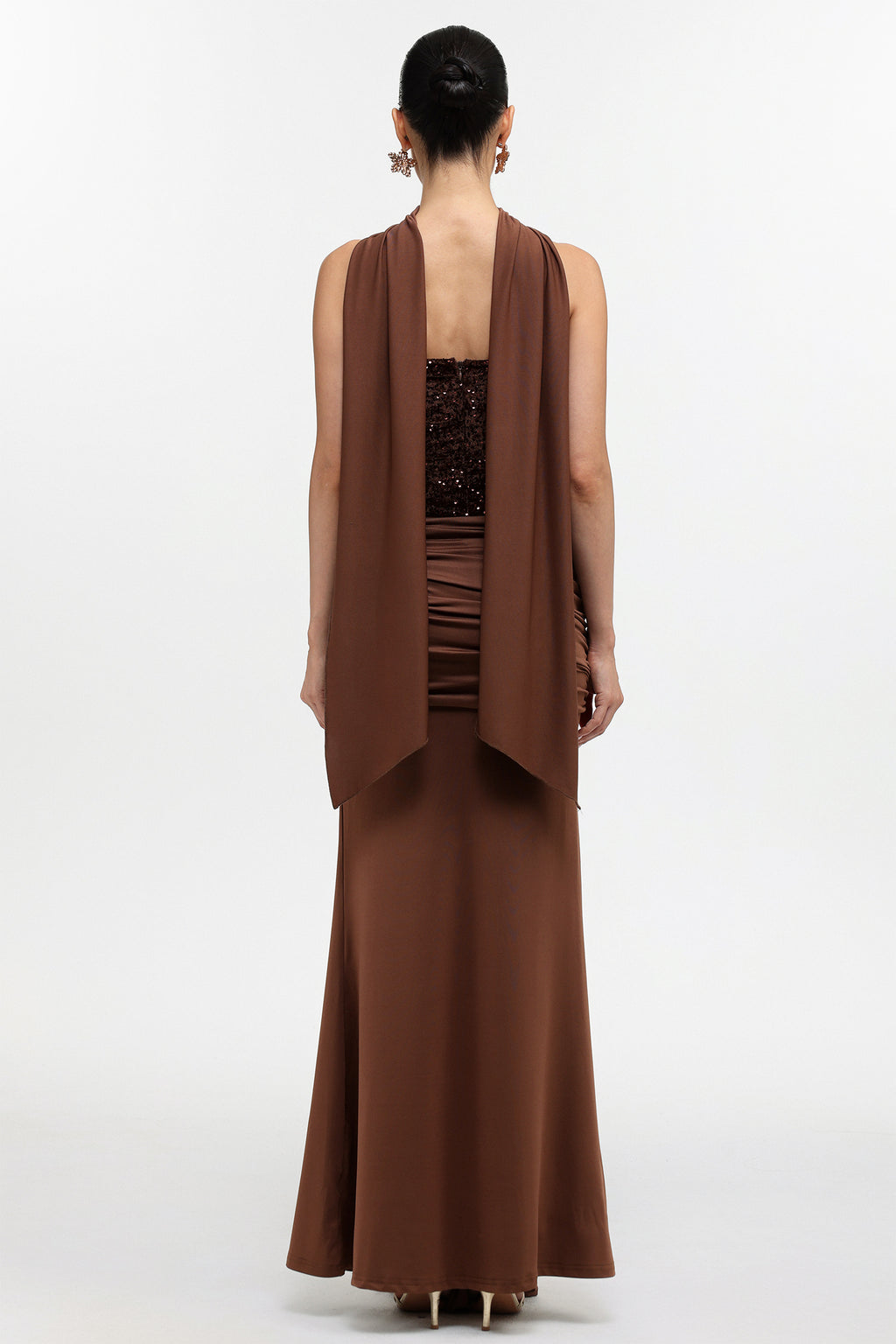 Sharlot Elegant Contour Strapless sequin Draped Knit Maxi Dress