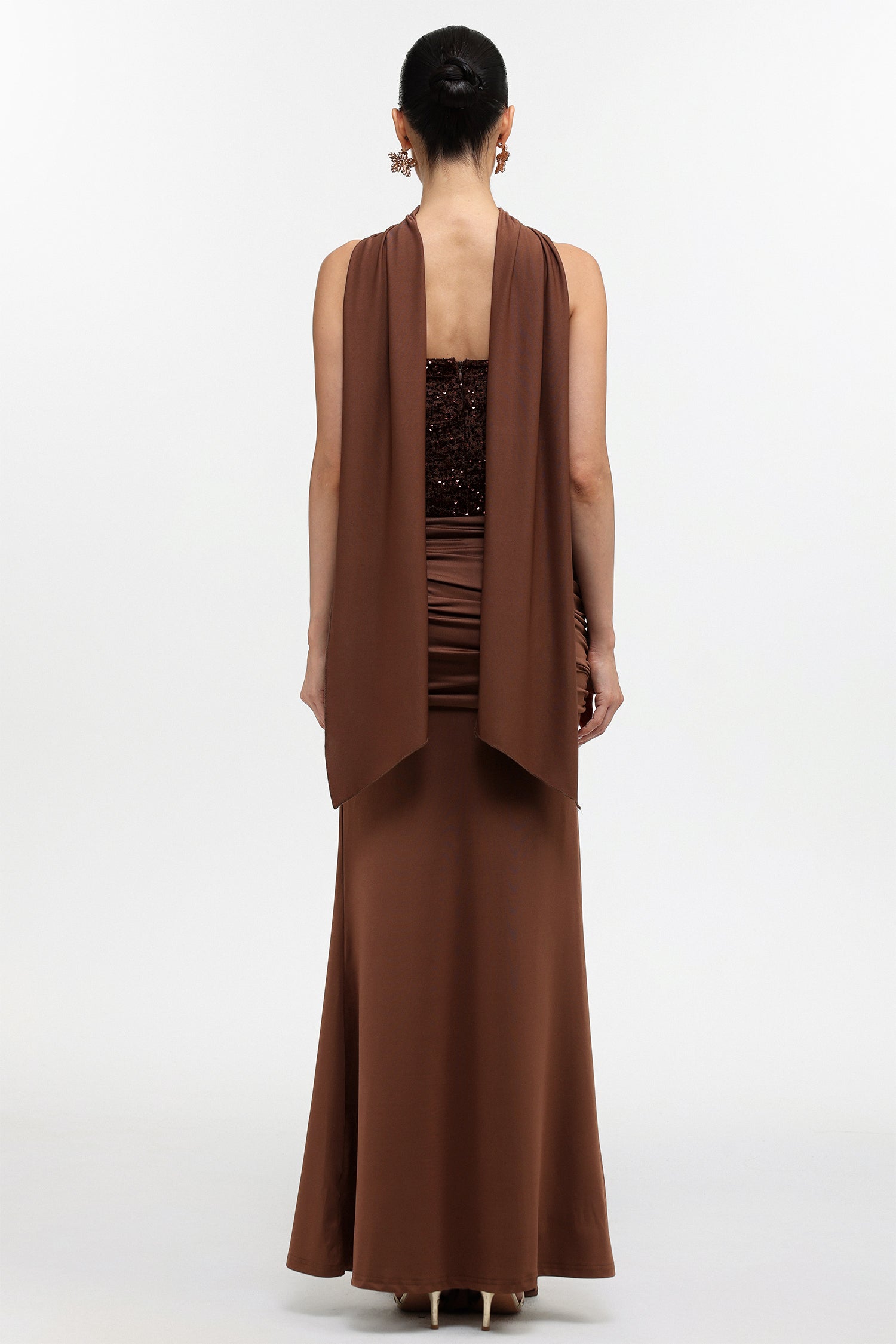 Sharlot Elegant Contour Strapless sequin Draped Knit Maxi Dress