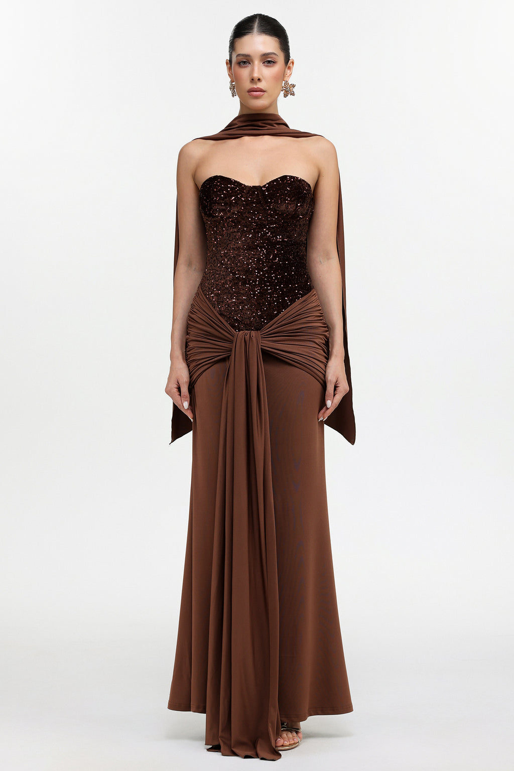 Sharlot Elegant Contour Strapless sequin Draped Knit Maxi Dress