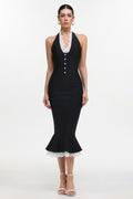 Miranda Romantic Contour Halter Button Front Lace Trim Bandage Midi Dress