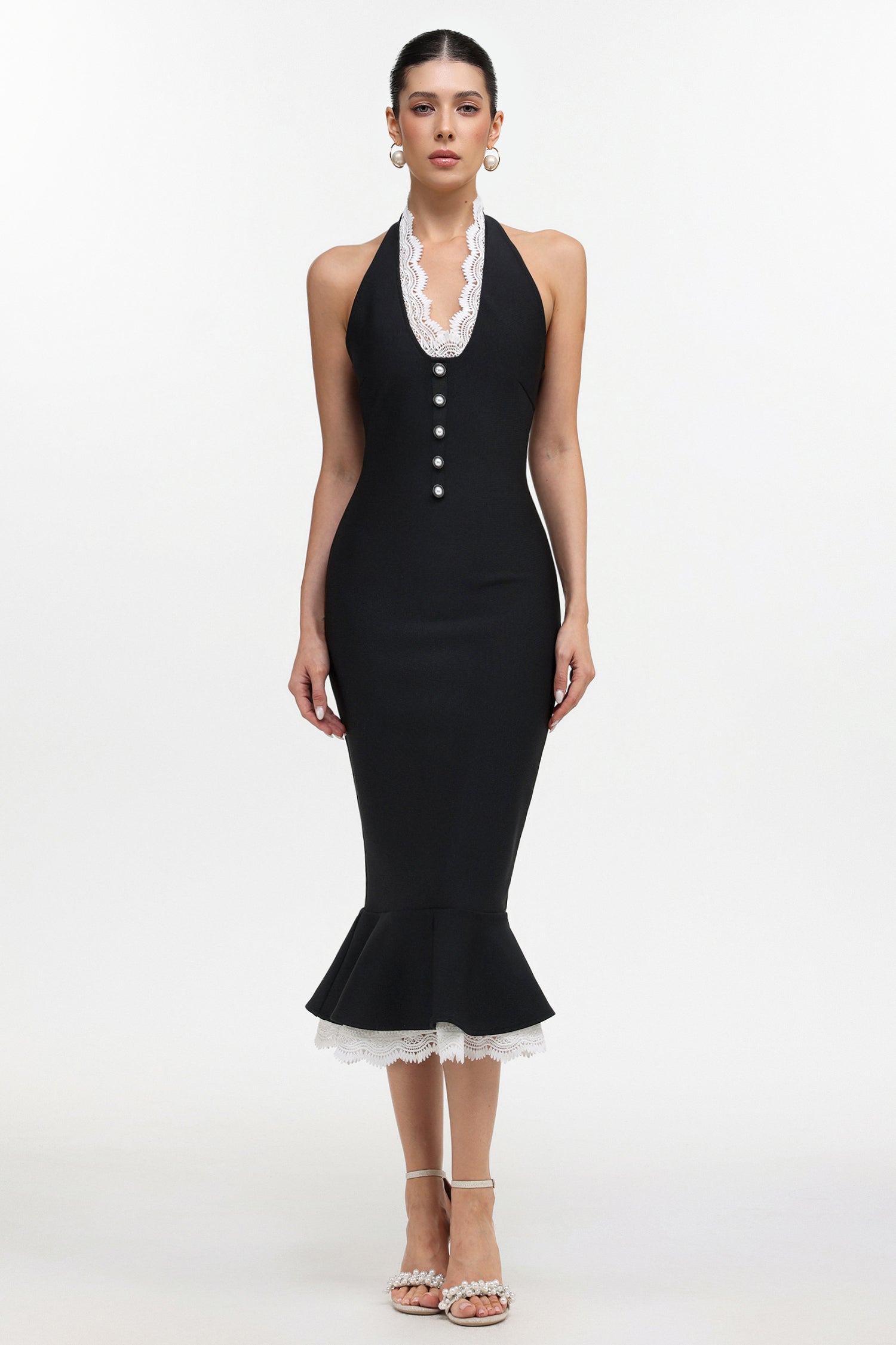 Miranda Romantic Contour Halter Button Front Lace Trim Bandage Midi Dress