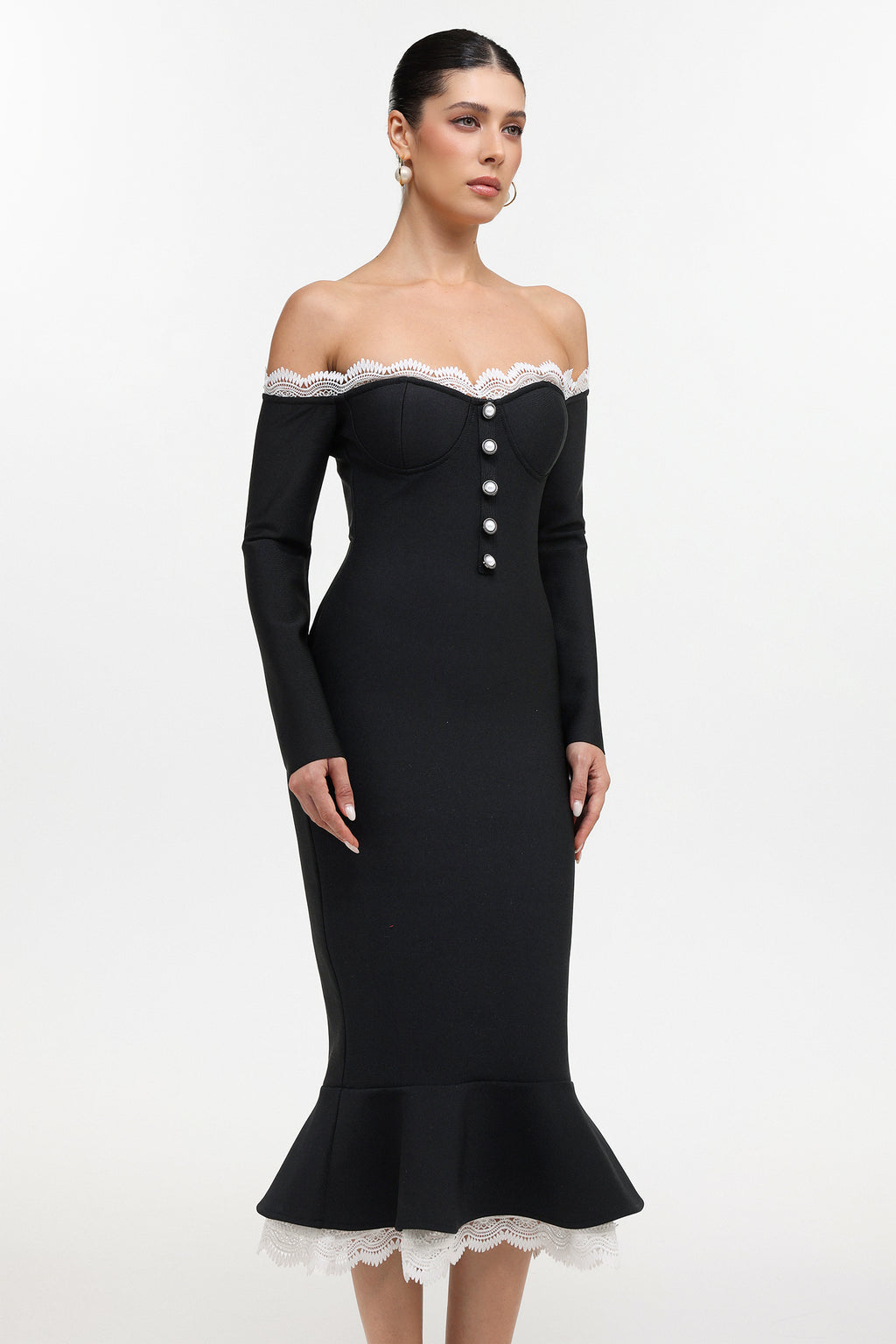 Lousia Romantic Contour Off Shoulder Button Front Lace Trim Bandage Midi Dress