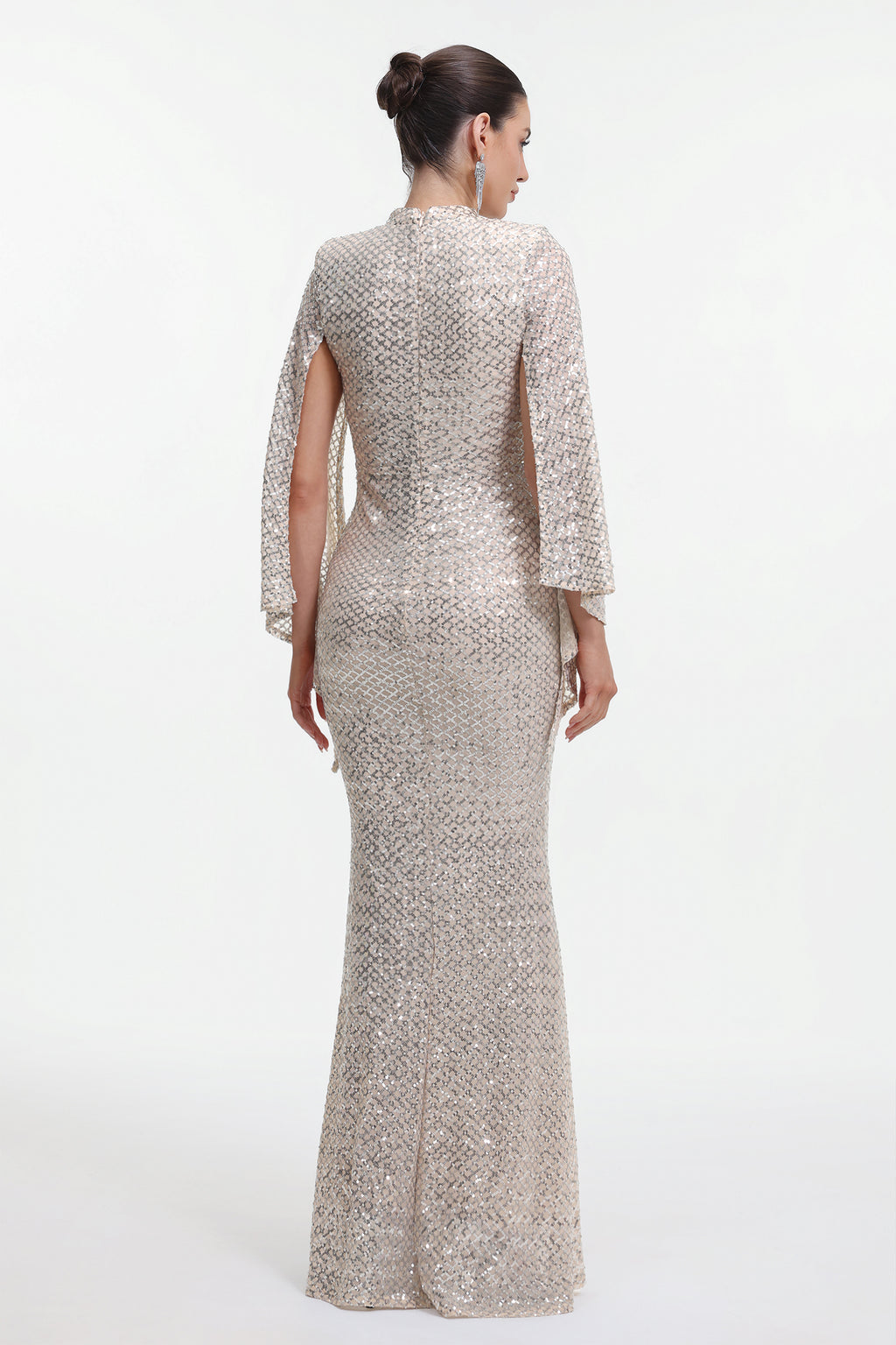 Euen Elegant Contour Cape Sleeve Sequin Maxi Dress