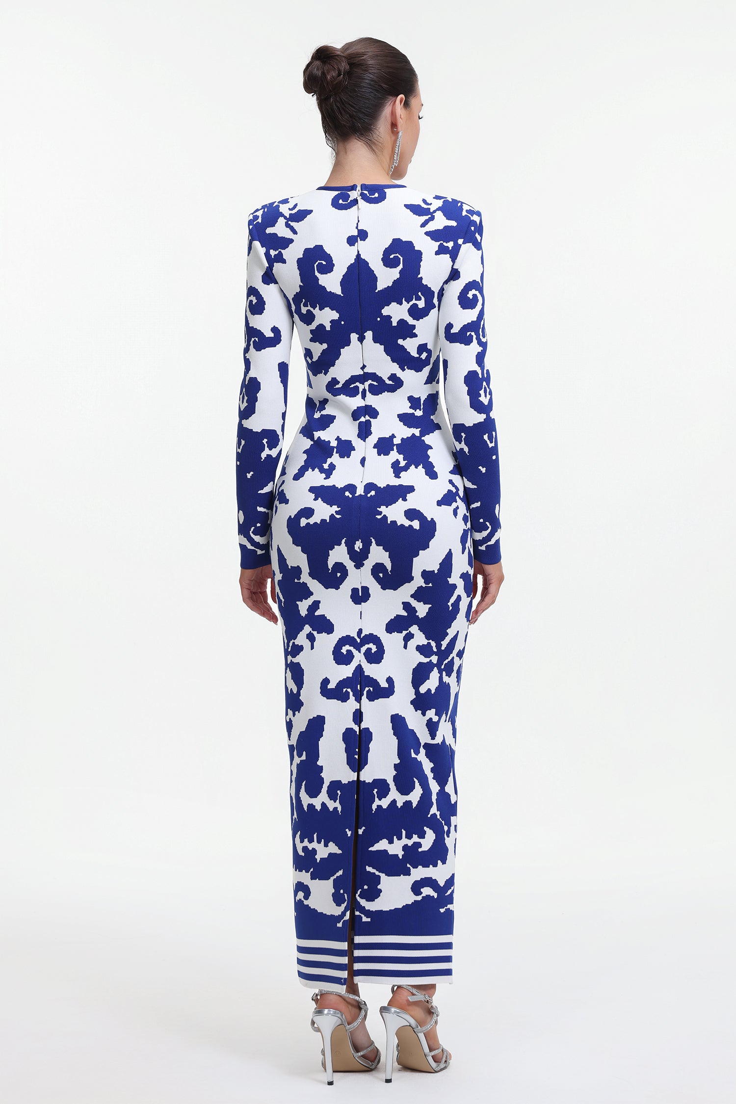 Round Neck Long Sleeve Jacquard Bandage Maxi Dress