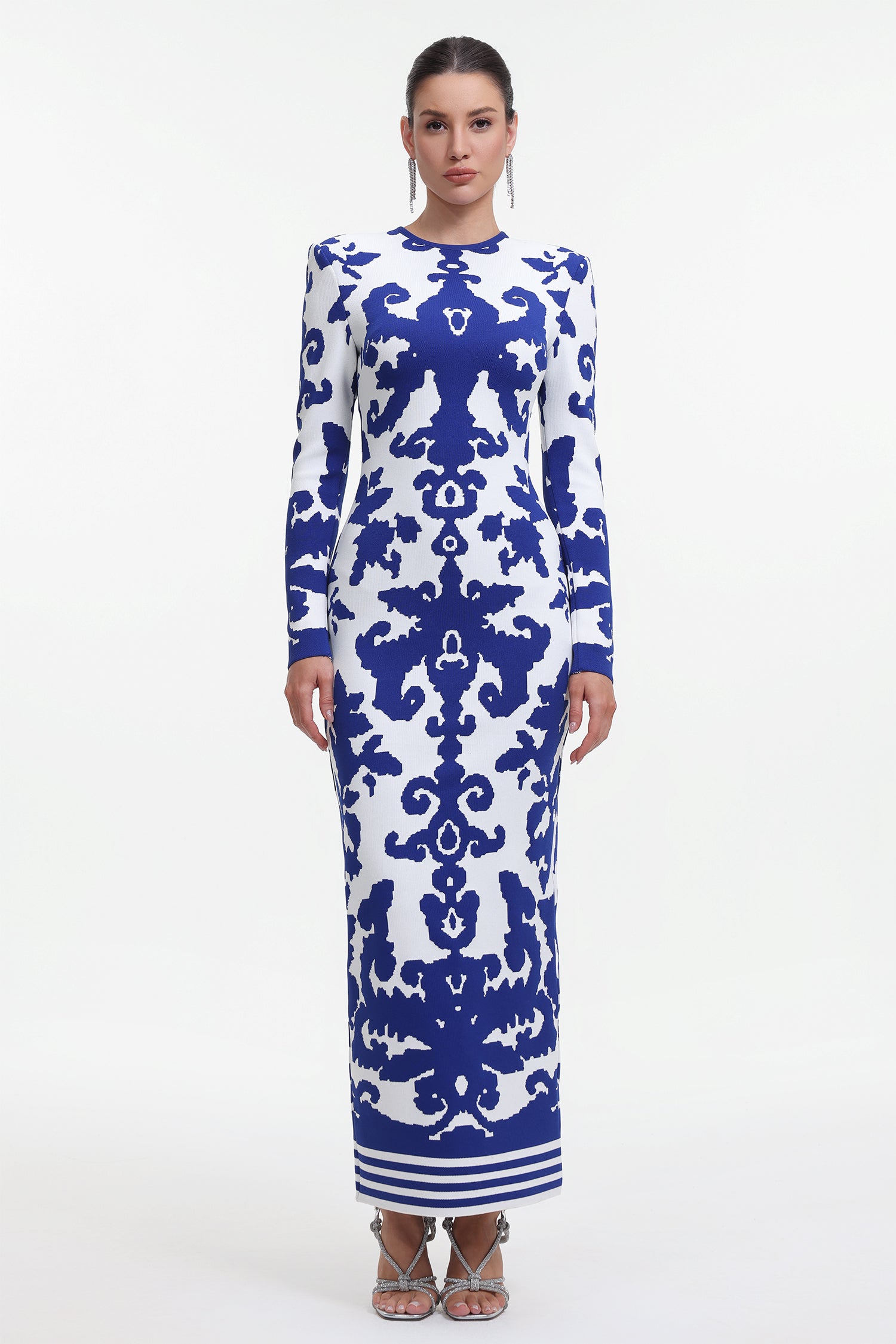 Round Neck Long Sleeve Jacquard Bandage Maxi Dress