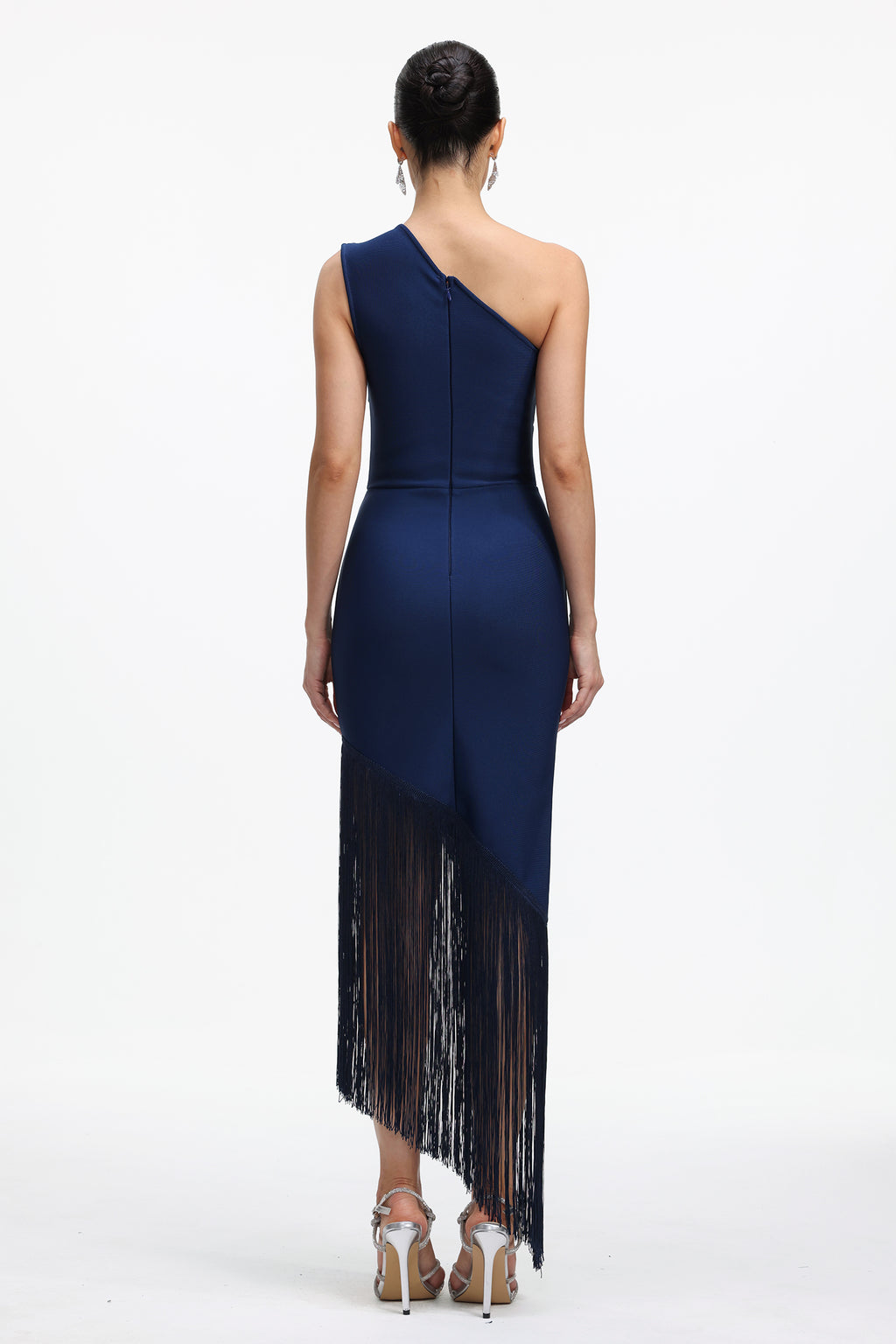 Fanya Elegant Contour One Shoulder Rhinestone Fringe Maxi Dress	