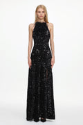 Glamorous Contour Sleeveless Feather Sequin High Slit Velvet Maxi Dress	