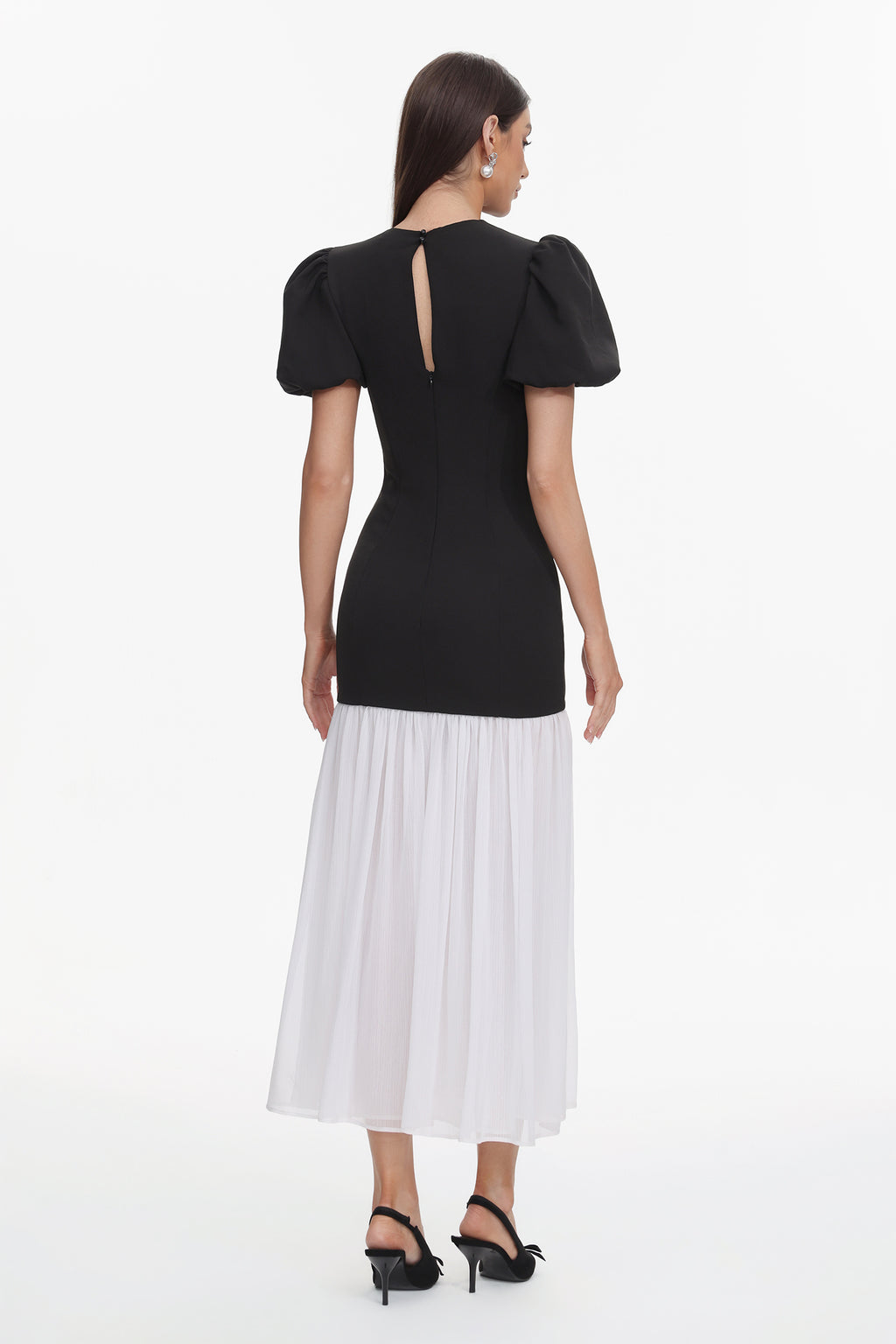 Spiral Classic Tailored Puff Sleeve Pleated Contrast Maxi Dress