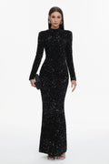 Melinda Glamorous Contour High Neck Long Sleeve Sequin Maxi Dress