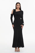Luysa Elegant Contour One Shoulder Ruched Knit Black Maxi Dress	