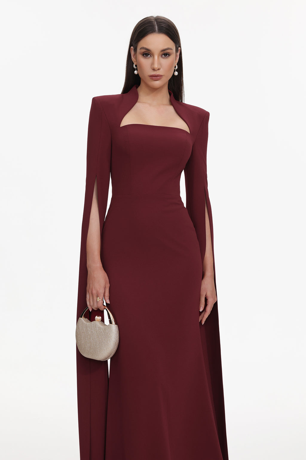 Werko Elegant Tailored Square Neck Cape Sleeve Woven Maxi Dress	