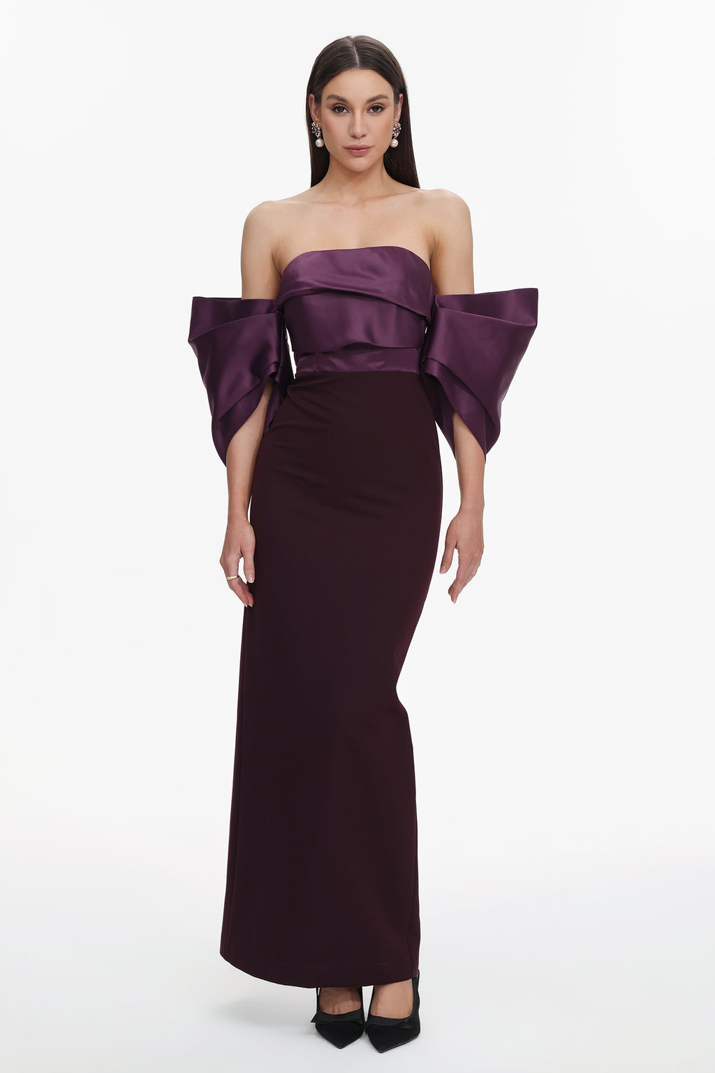 Sareka Elegant Tailored Off Shoulder Pleated Satin Maxi Dress	