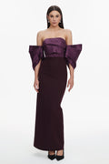 Sareka Elegant Tailored Off Shoulder Pleated Satin Maxi Dress	