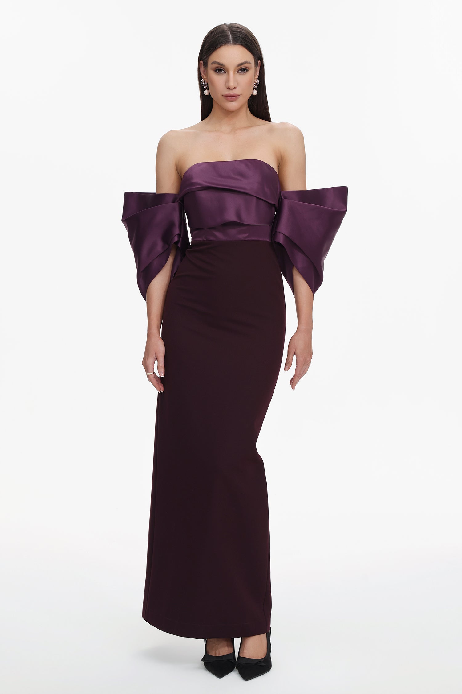 Sareka Elegant Tailored Off Shoulder Pleated Satin Maxi Dress	