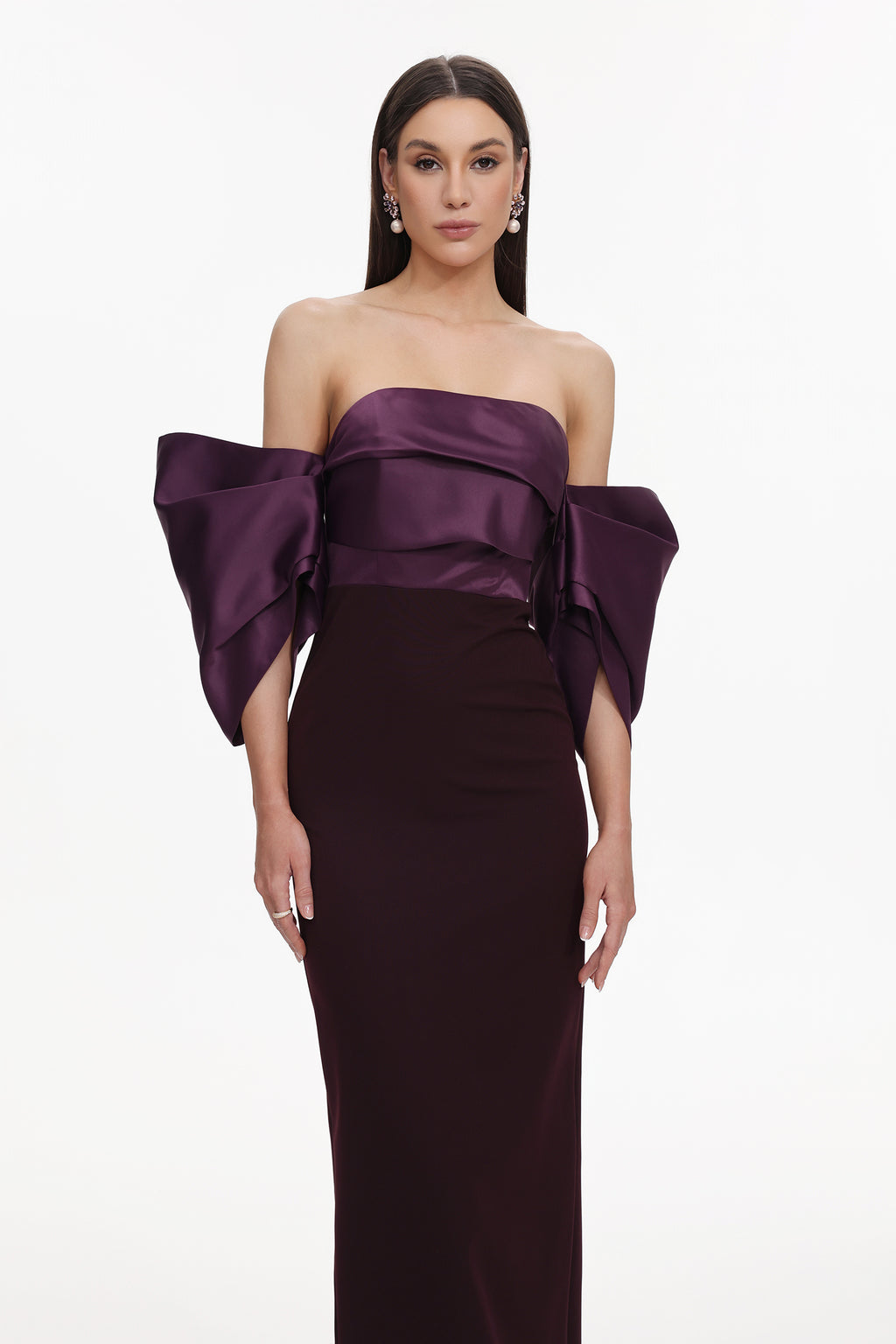 Sareka Elegant Tailored Off Shoulder Pleated Satin Maxi Dress	