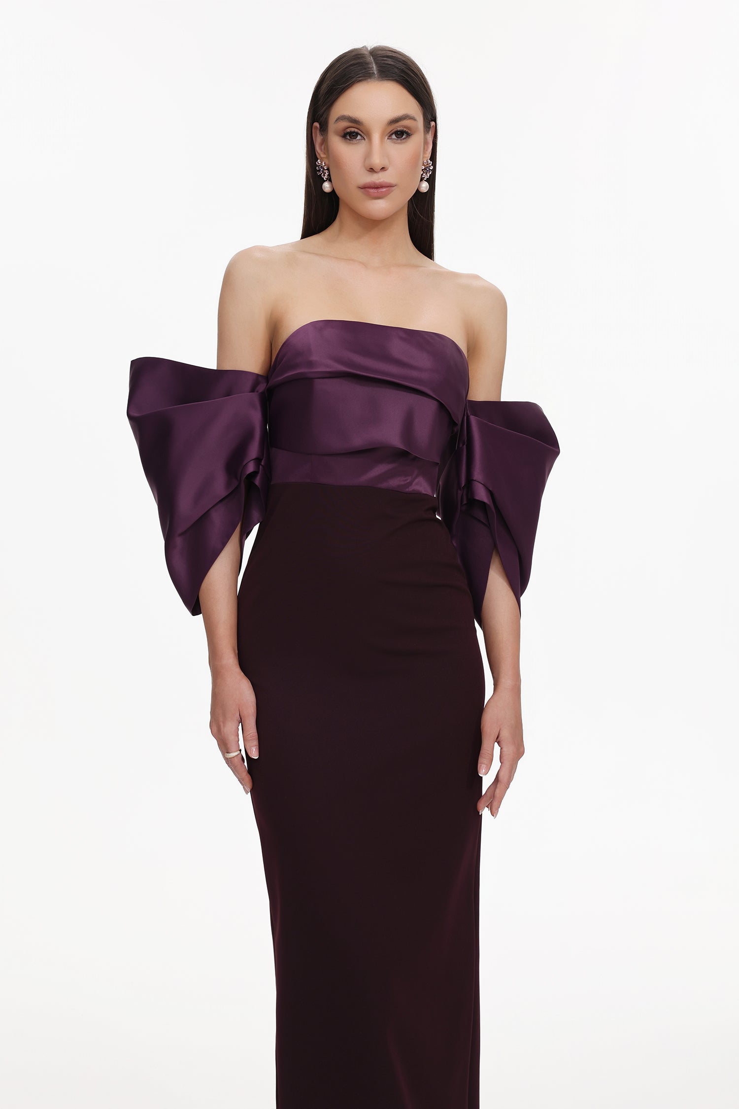 Sareka Elegant Tailored Off Shoulder Pleated Satin Maxi Dress	