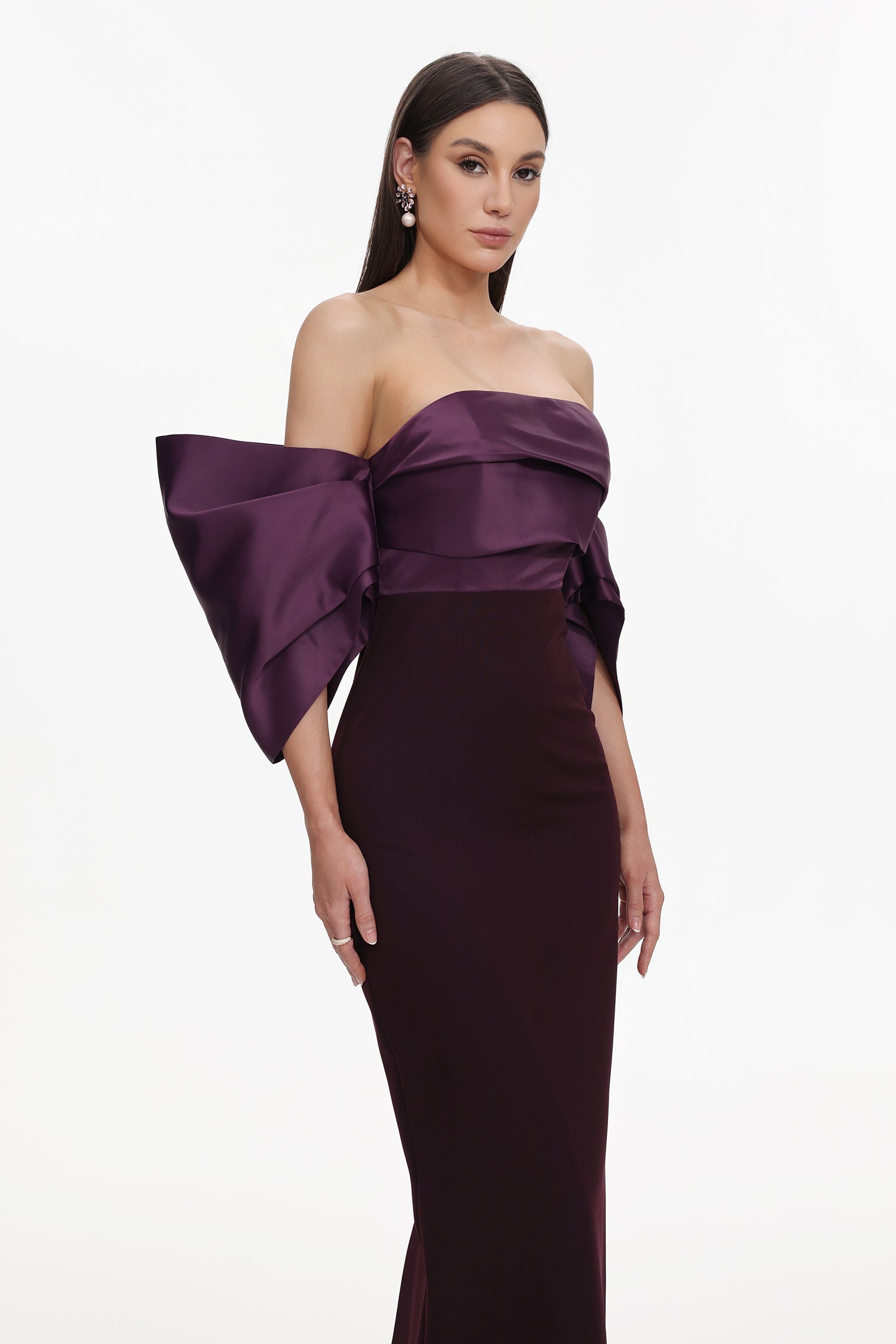 Sareka Elegant Tailored Off Shoulder Pleated Satin Maxi Dress	