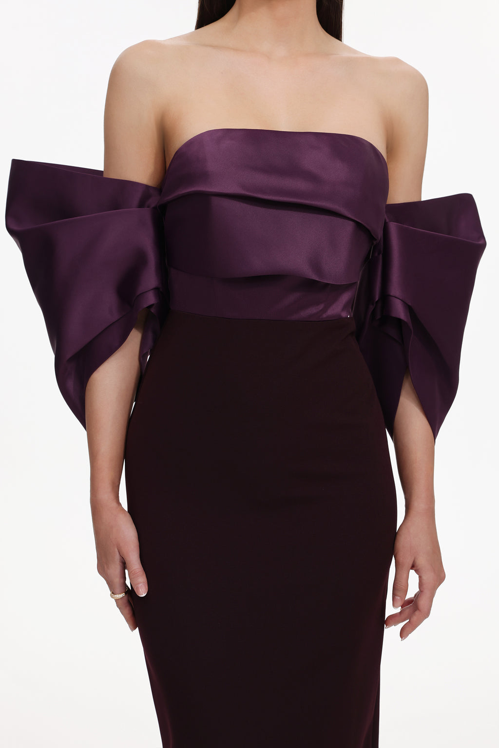 Sareka Elegant Tailored Off Shoulder Pleated Satin Maxi Dress	