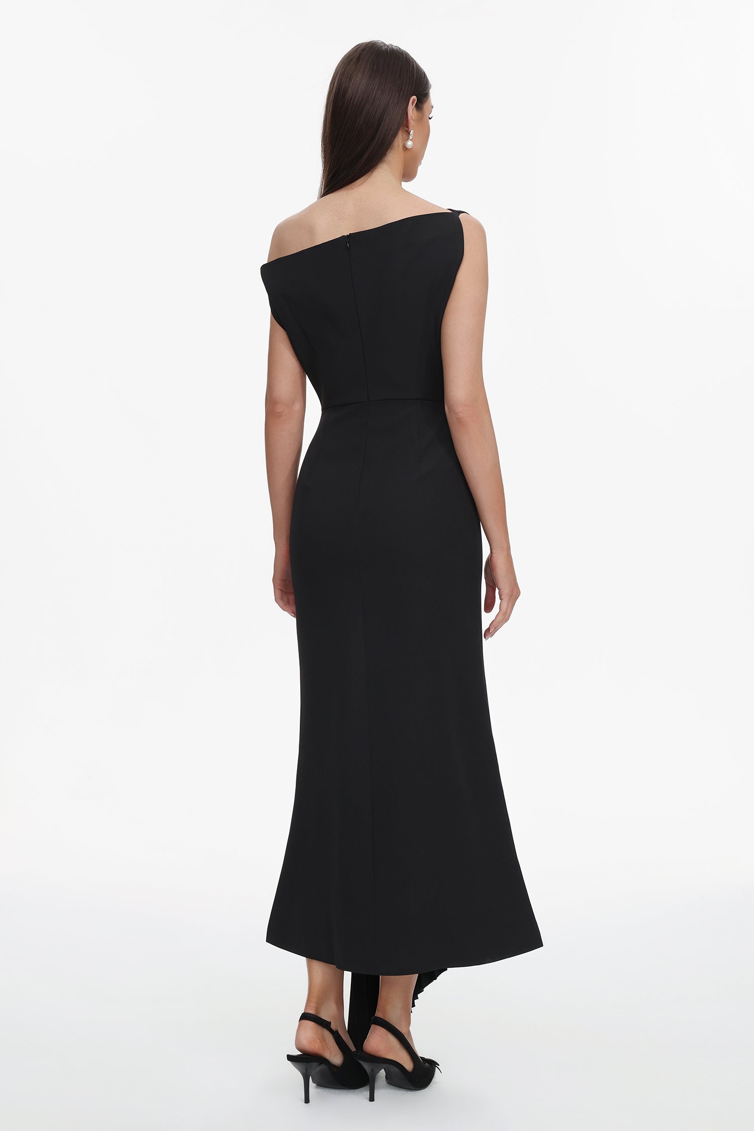 Juny Oblique Shoulder Sleeveless Folds Midi Dress